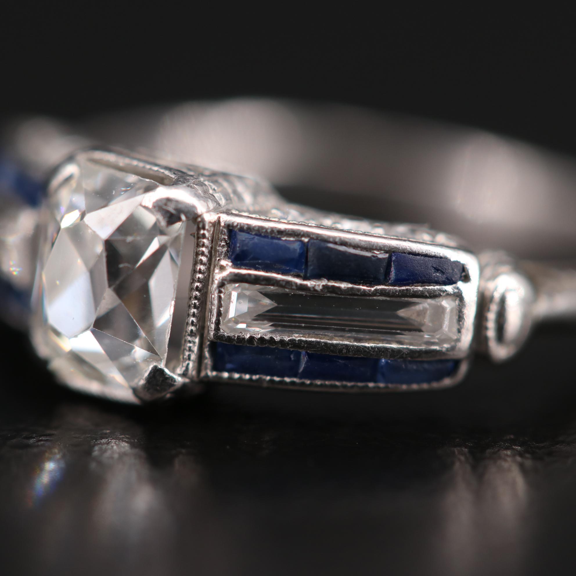 Art Deco Platinum 1.04 CTW Diamond and Sapphire Ring