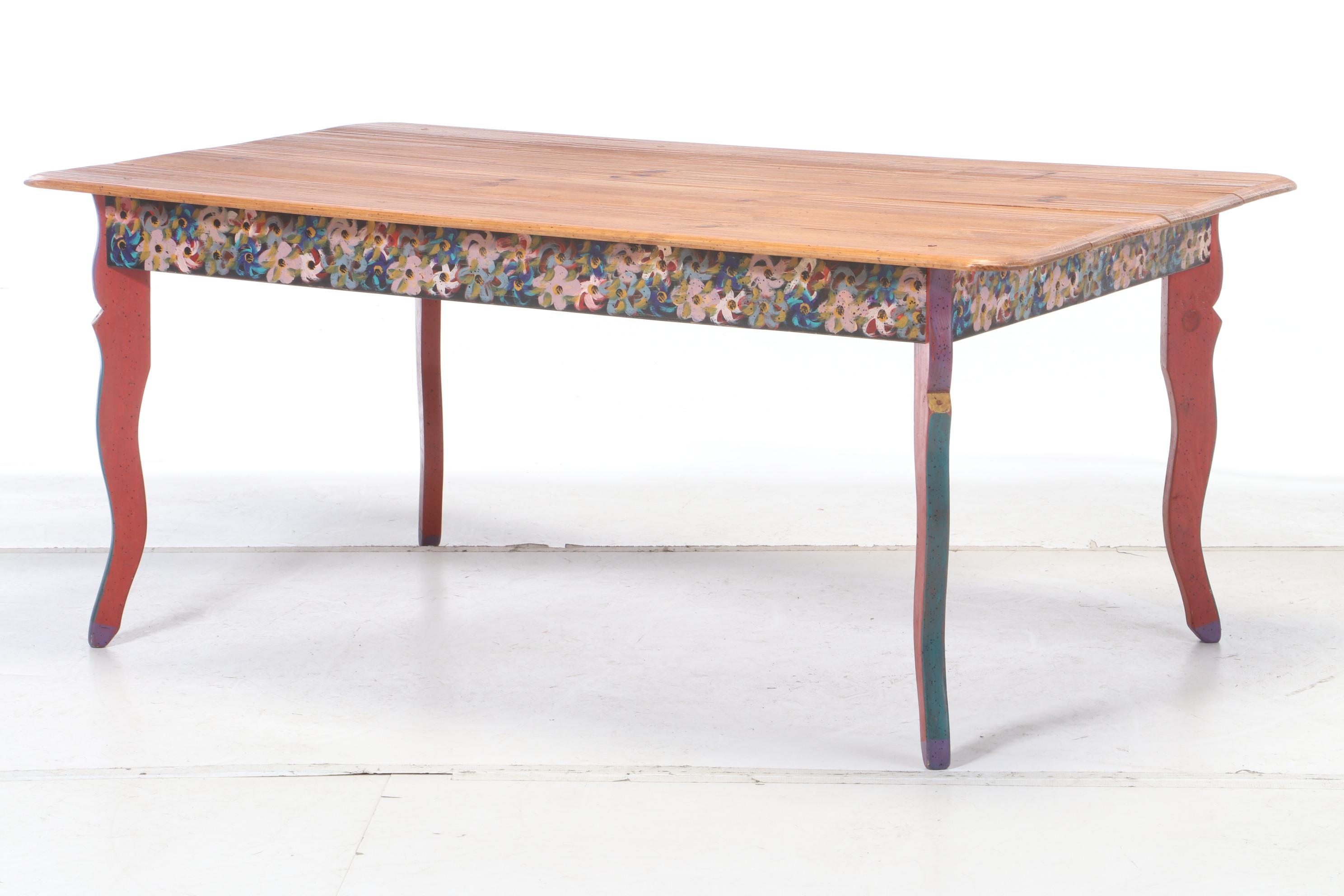 David Marsh Paint-Decorated Pine Table and Six Maple Chairs, Late 20th Century