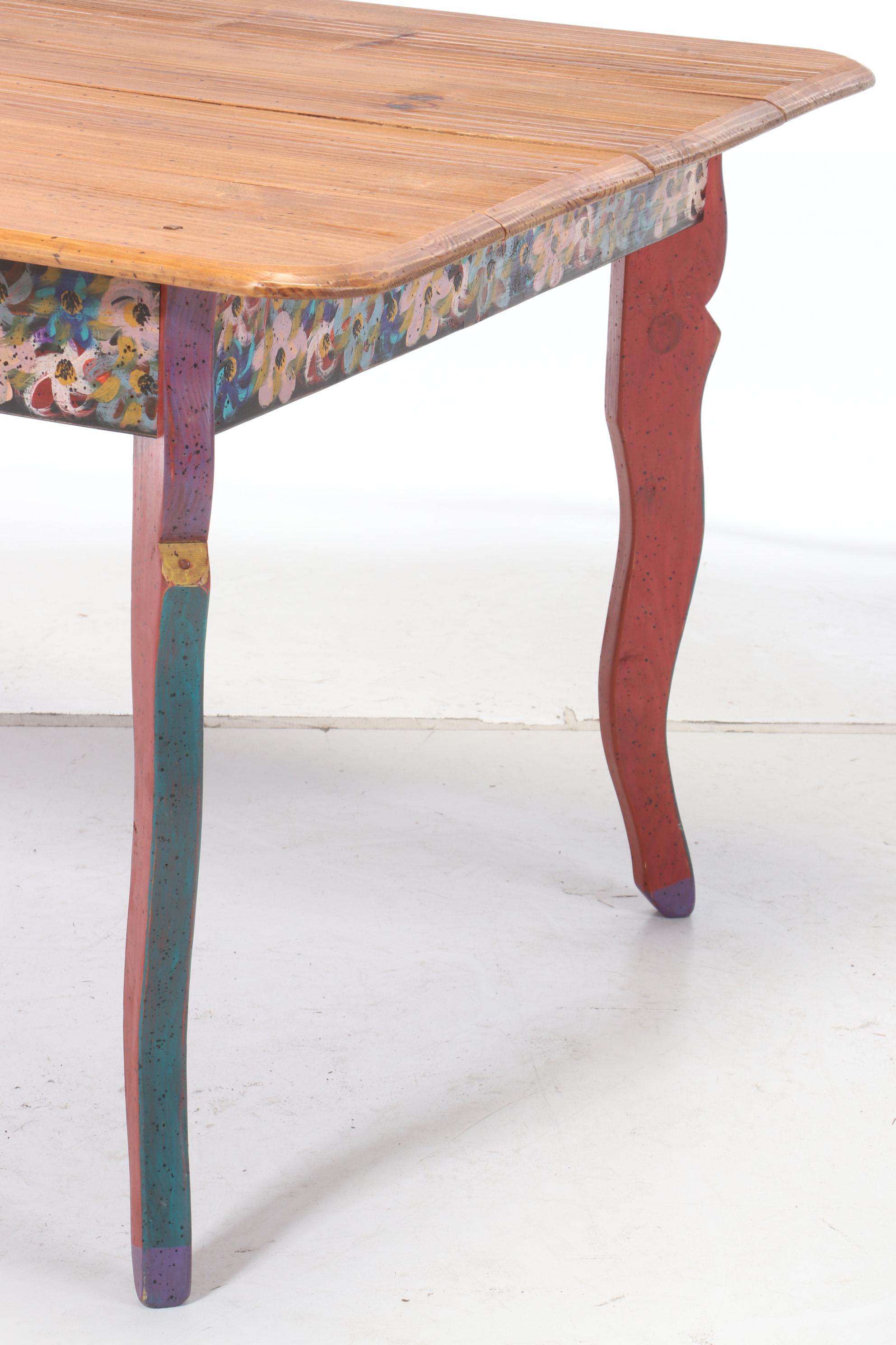 David Marsh Paint-Decorated Pine Table and Six Maple Chairs, Late 20th Century