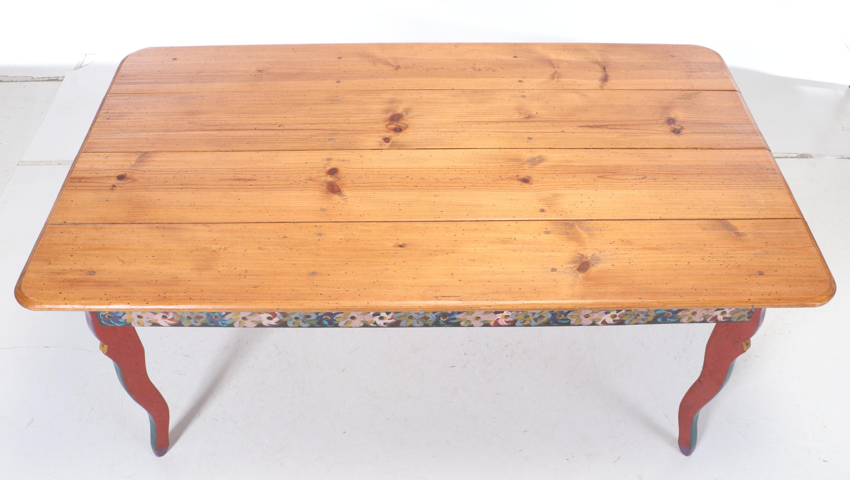 David Marsh Paint-Decorated Pine Table and Six Maple Chairs, Late 20th Century