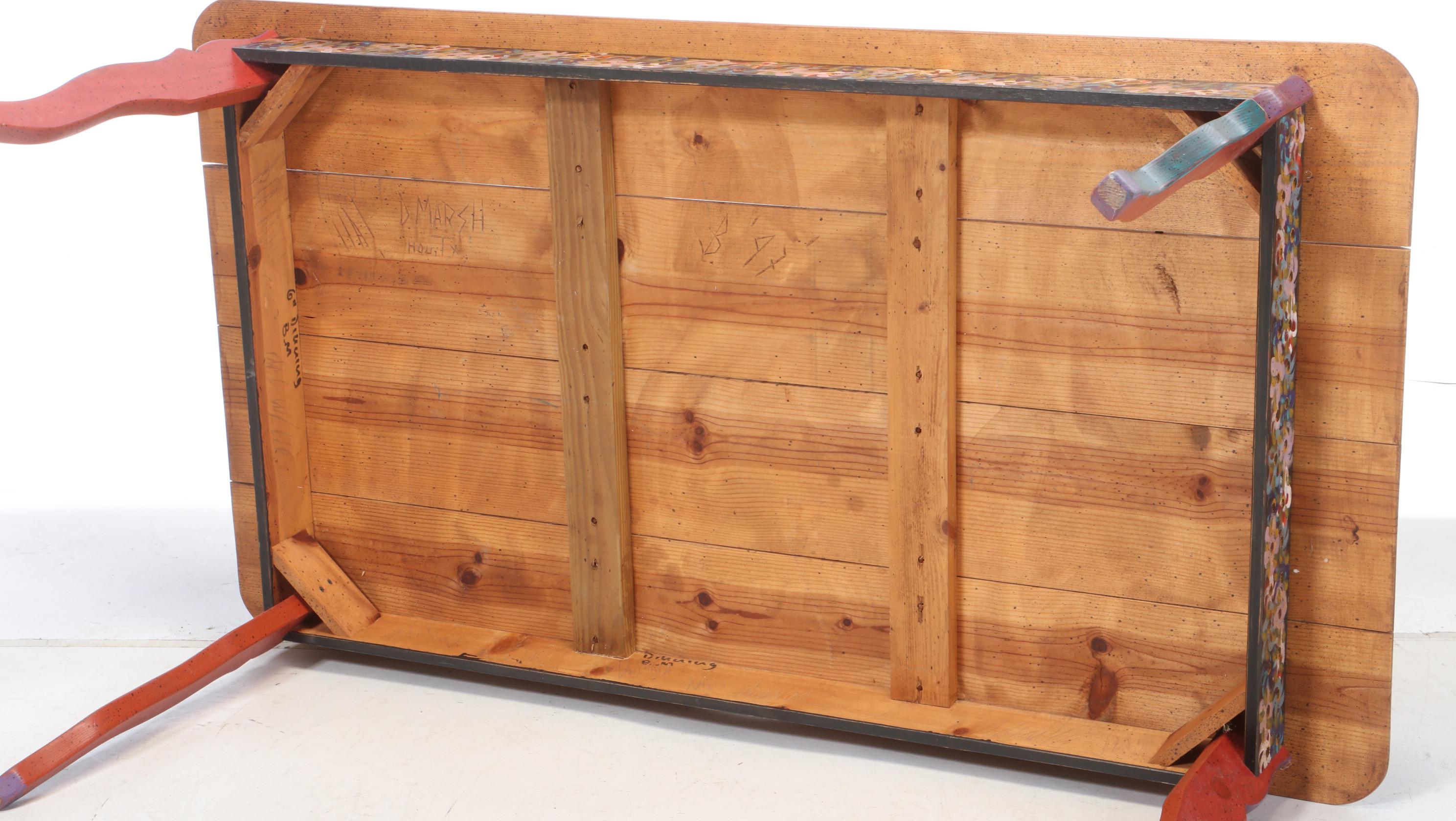 David Marsh Paint-Decorated Pine Table and Six Maple Chairs, Late 20th Century