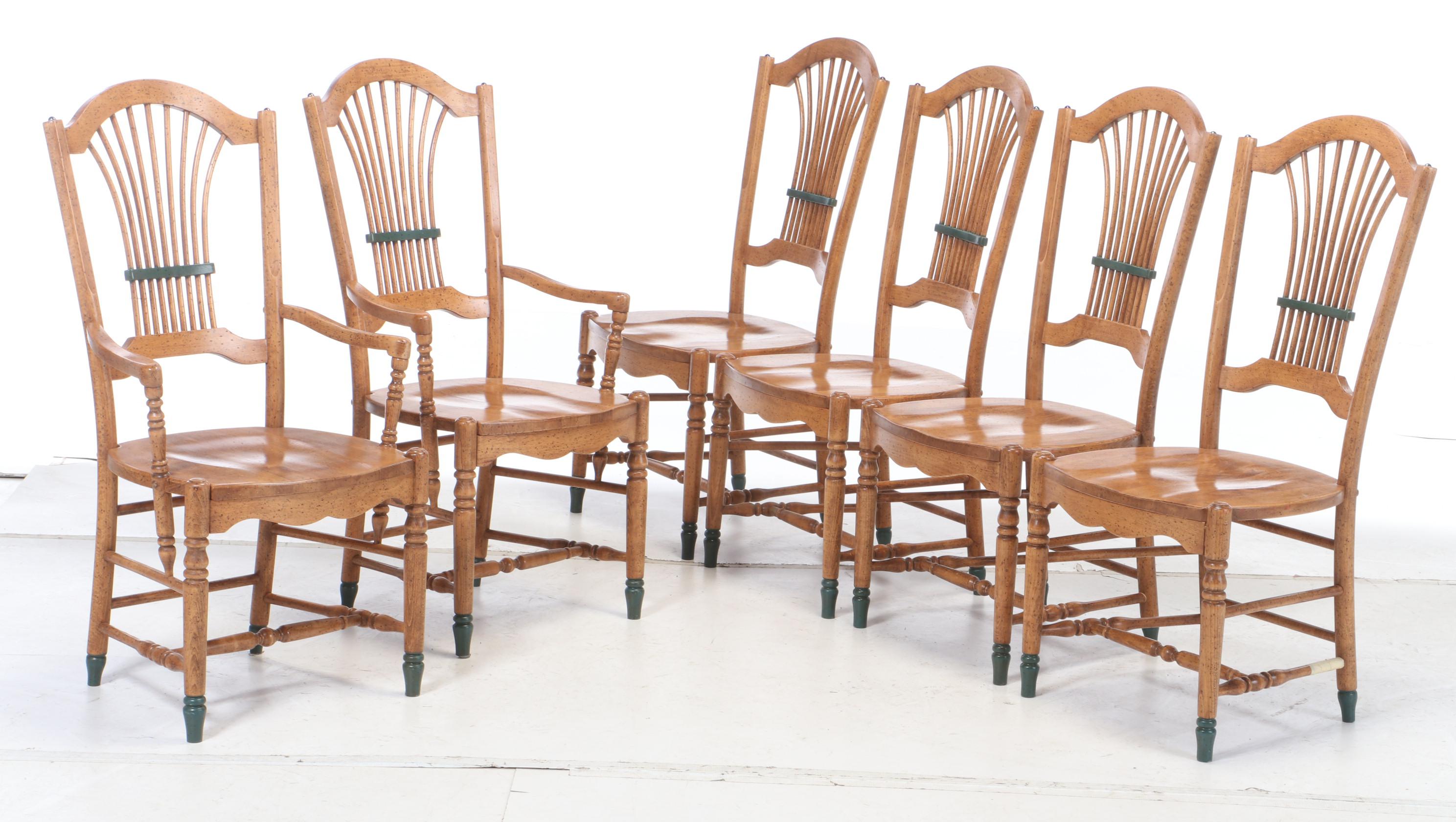 David Marsh Paint-Decorated Pine Table and Six Maple Chairs, Late 20th Century