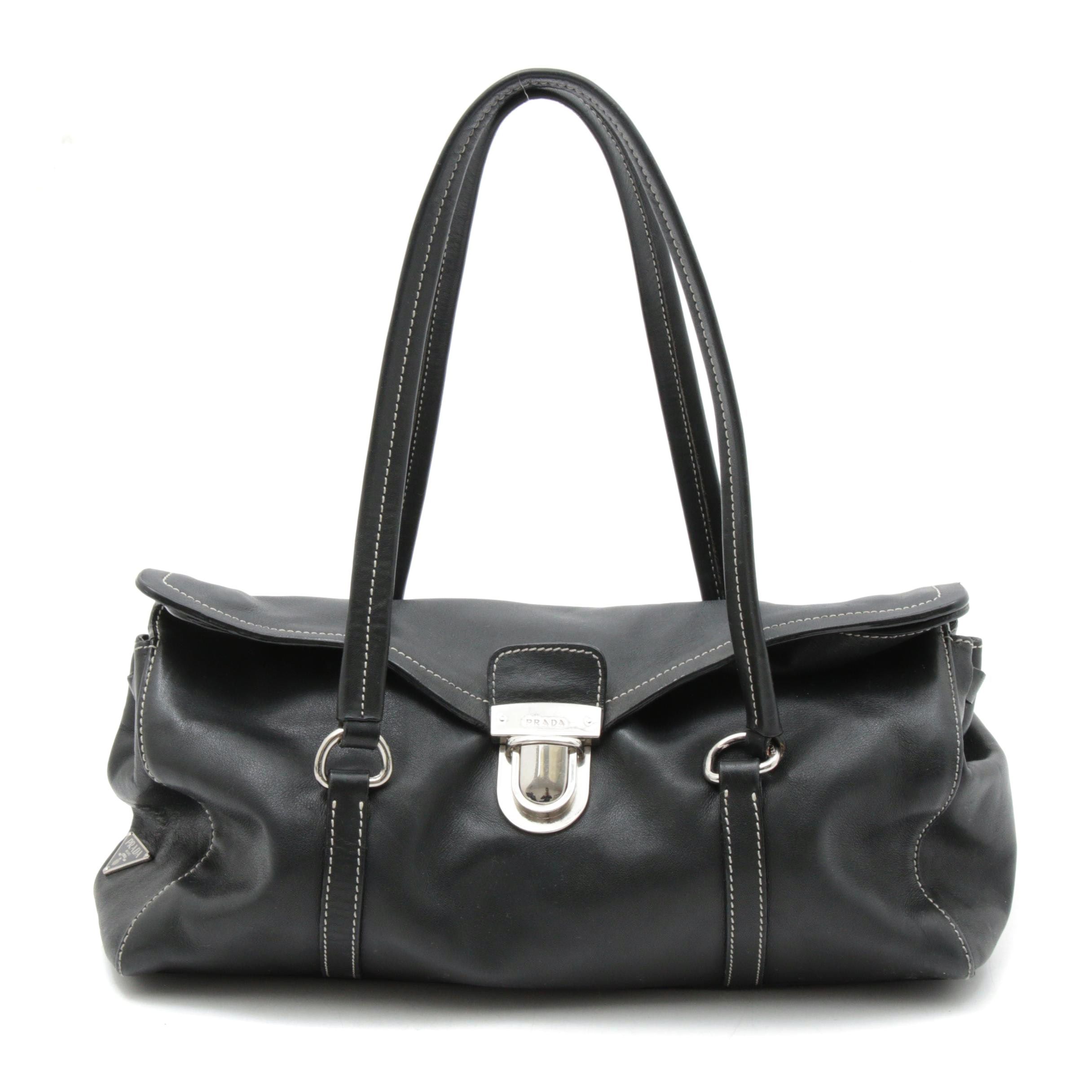 Prada Black Leather Top Handle Satchel with Contrast Stitching