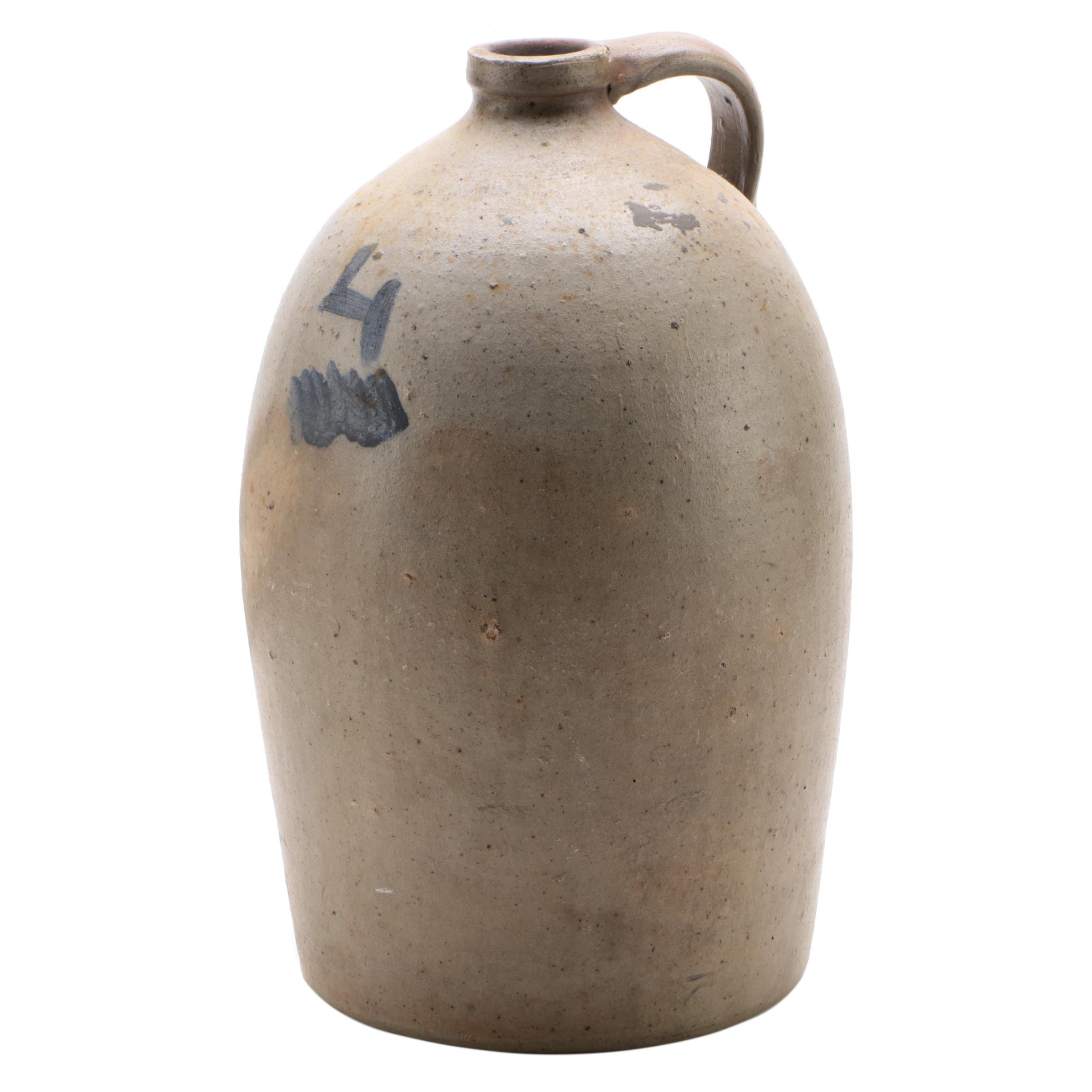 American Salt Glazed Stoneware Four Gallon Jug, 19th Century