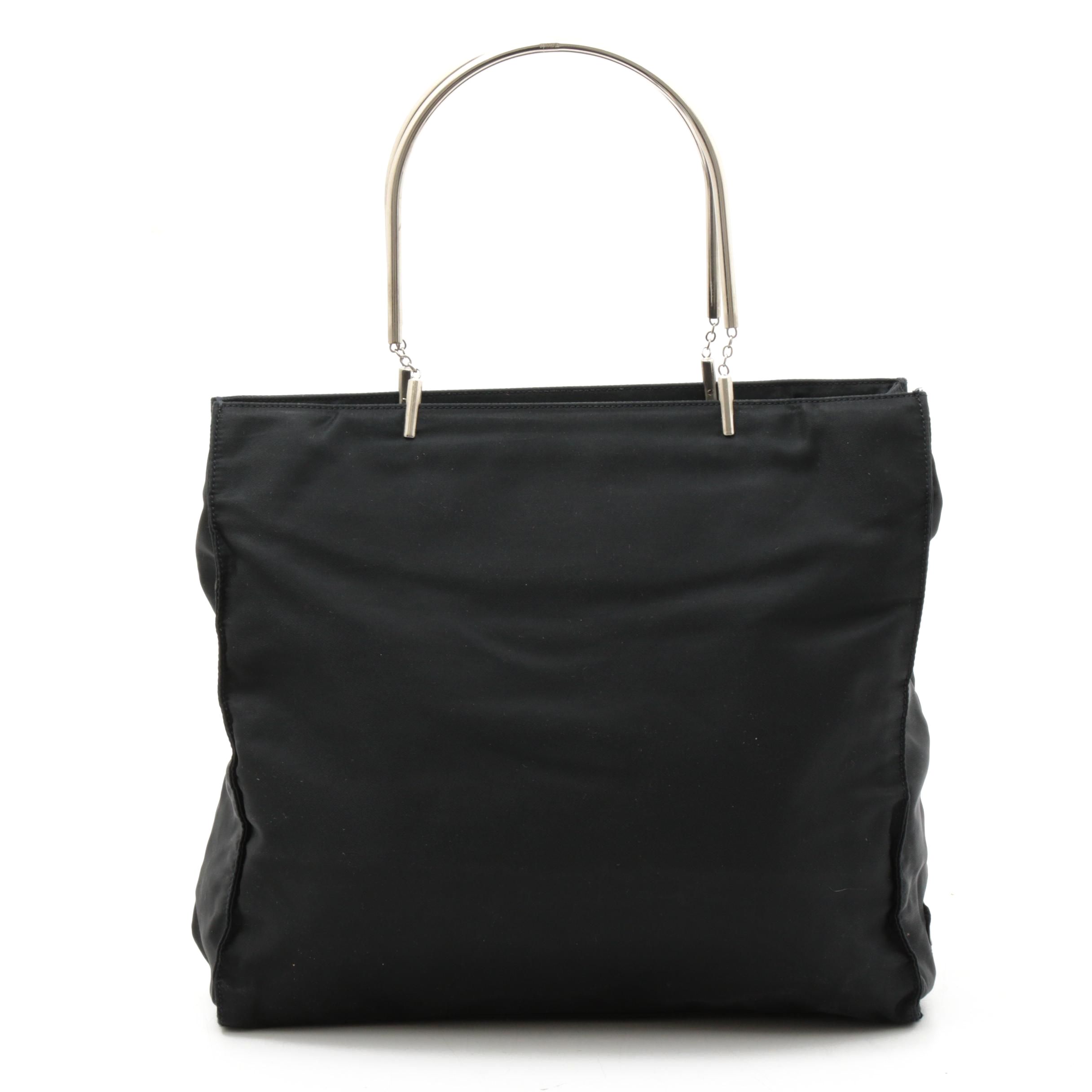 Prada Black Tessuto Nylon Tote with Metal and Chain Link Handles
