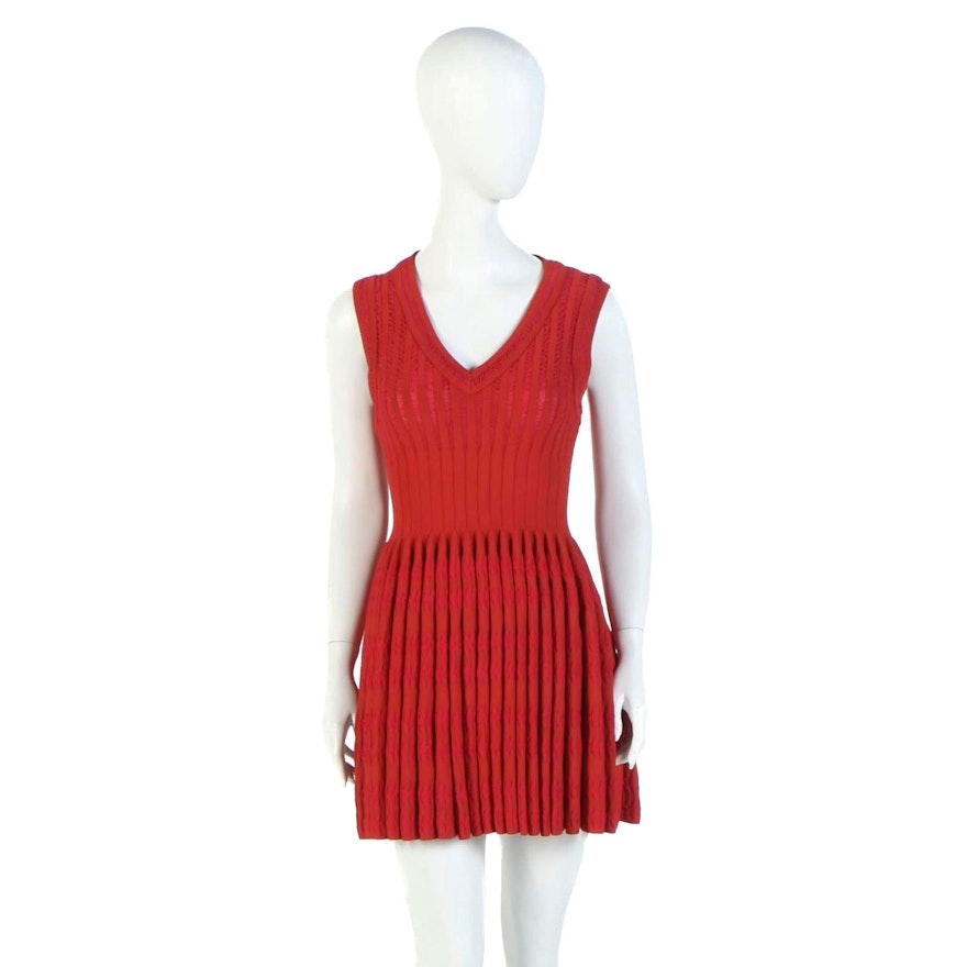 Alaïa of Paris Red Silk Blend Blister Knit Fit and Flare Sleeveless Dress