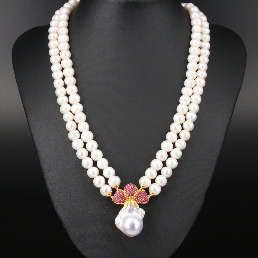 Sterling Silver Pearl and Ruby Double Strand Necklace