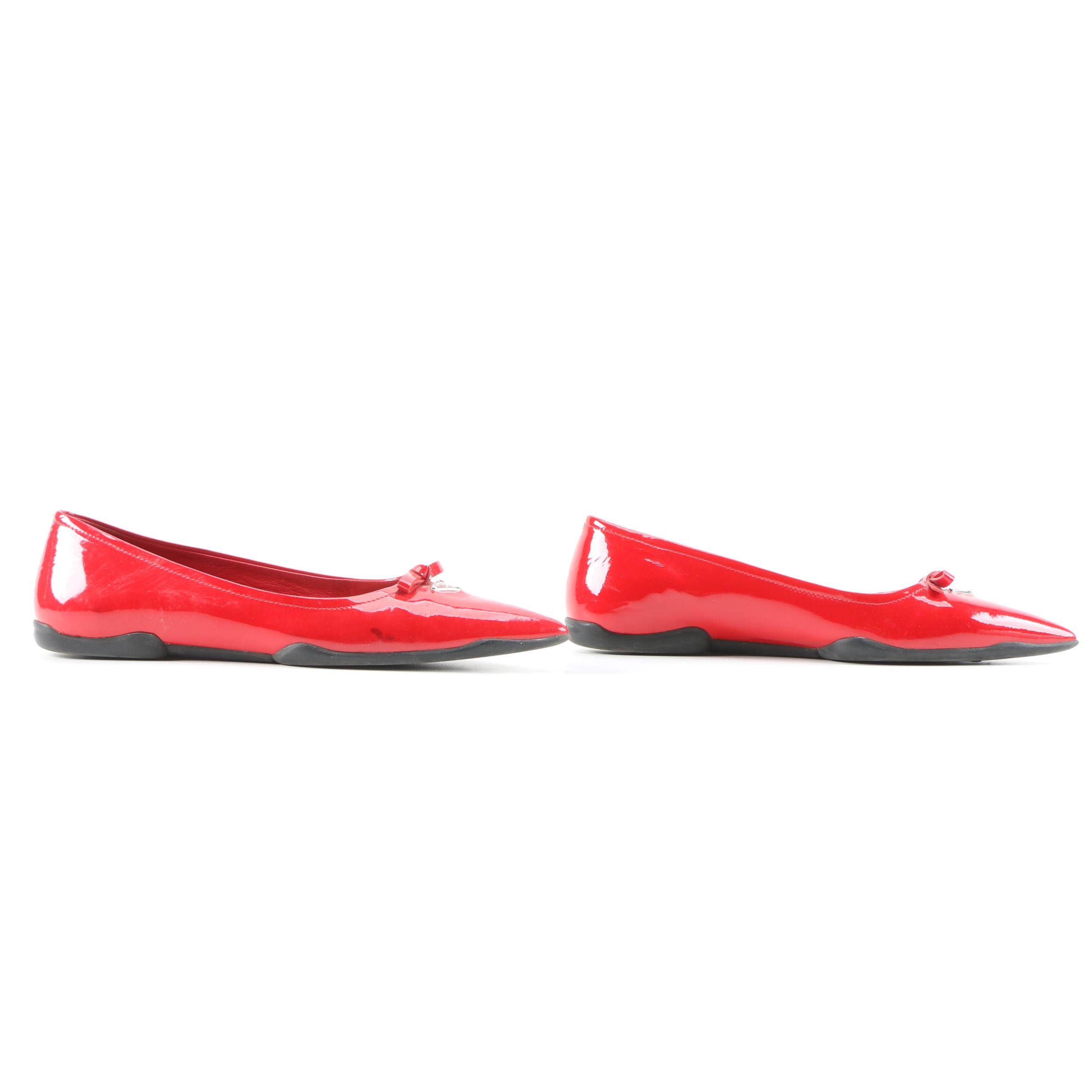 Prada Red Patent Leather Pointed Toe Flats