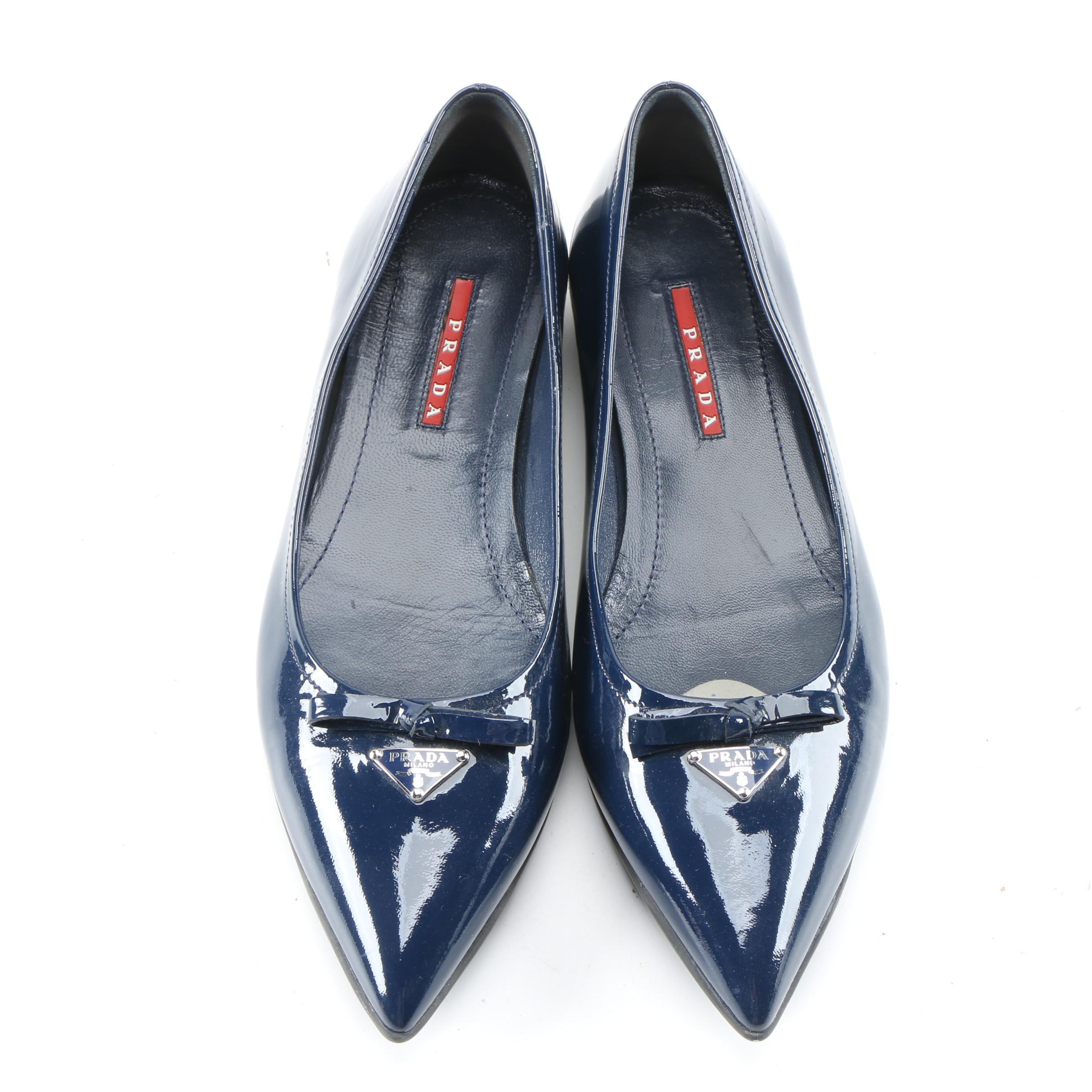 Prada Navy Blue Patent Leather Pointed Toe Flats