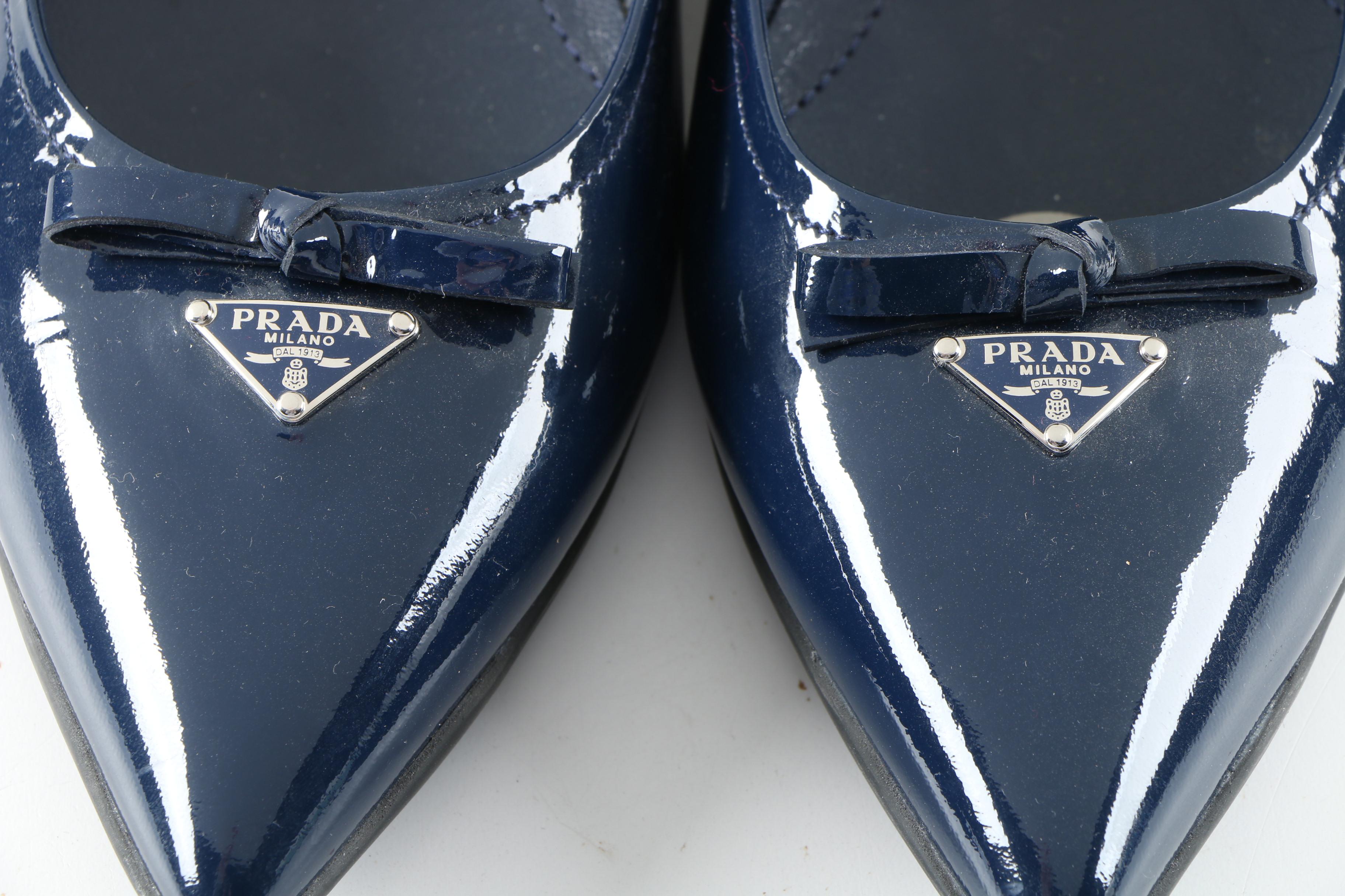 Prada Navy Blue Patent Leather Pointed Toe Flats