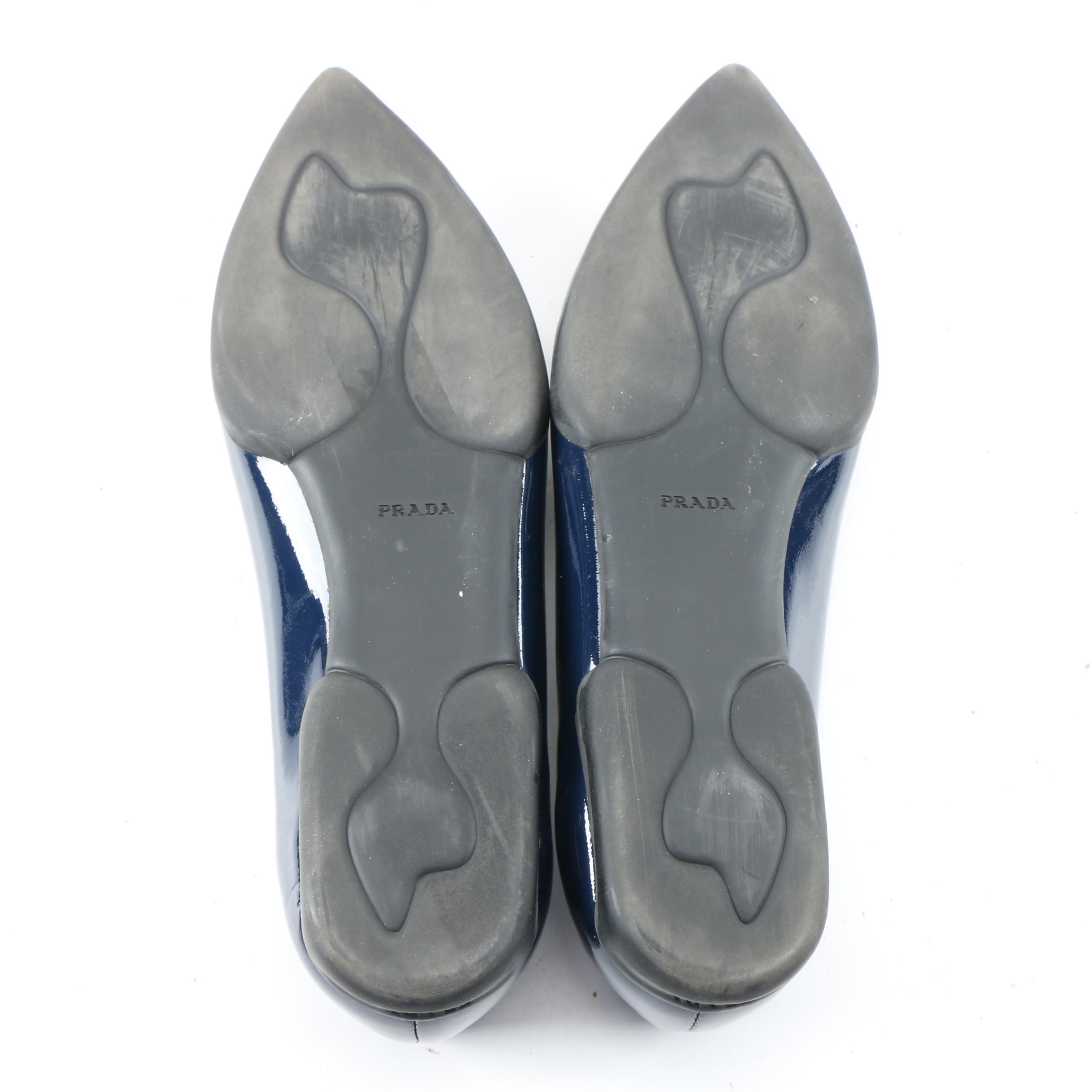 Prada Navy Blue Patent Leather Pointed Toe Flats