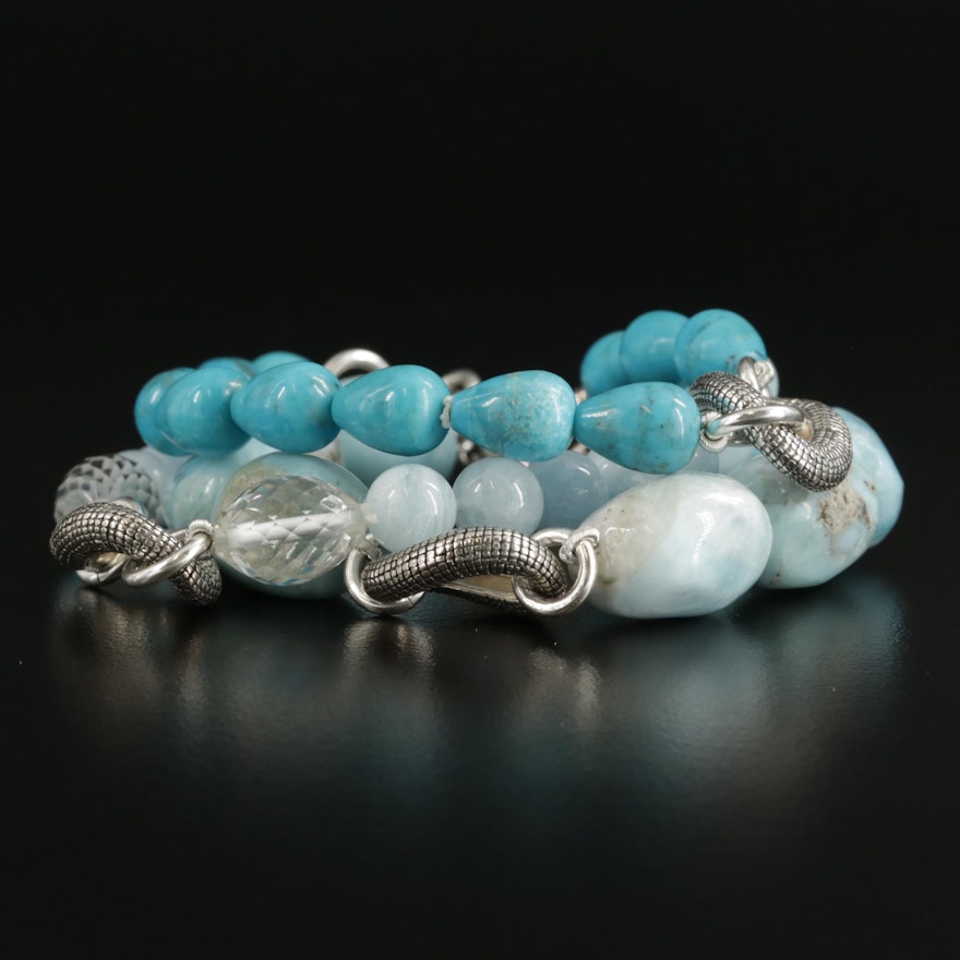 Michael Dawkins Sterling Beaded Larimar, Aquamarine, and Turquoise Bracelet