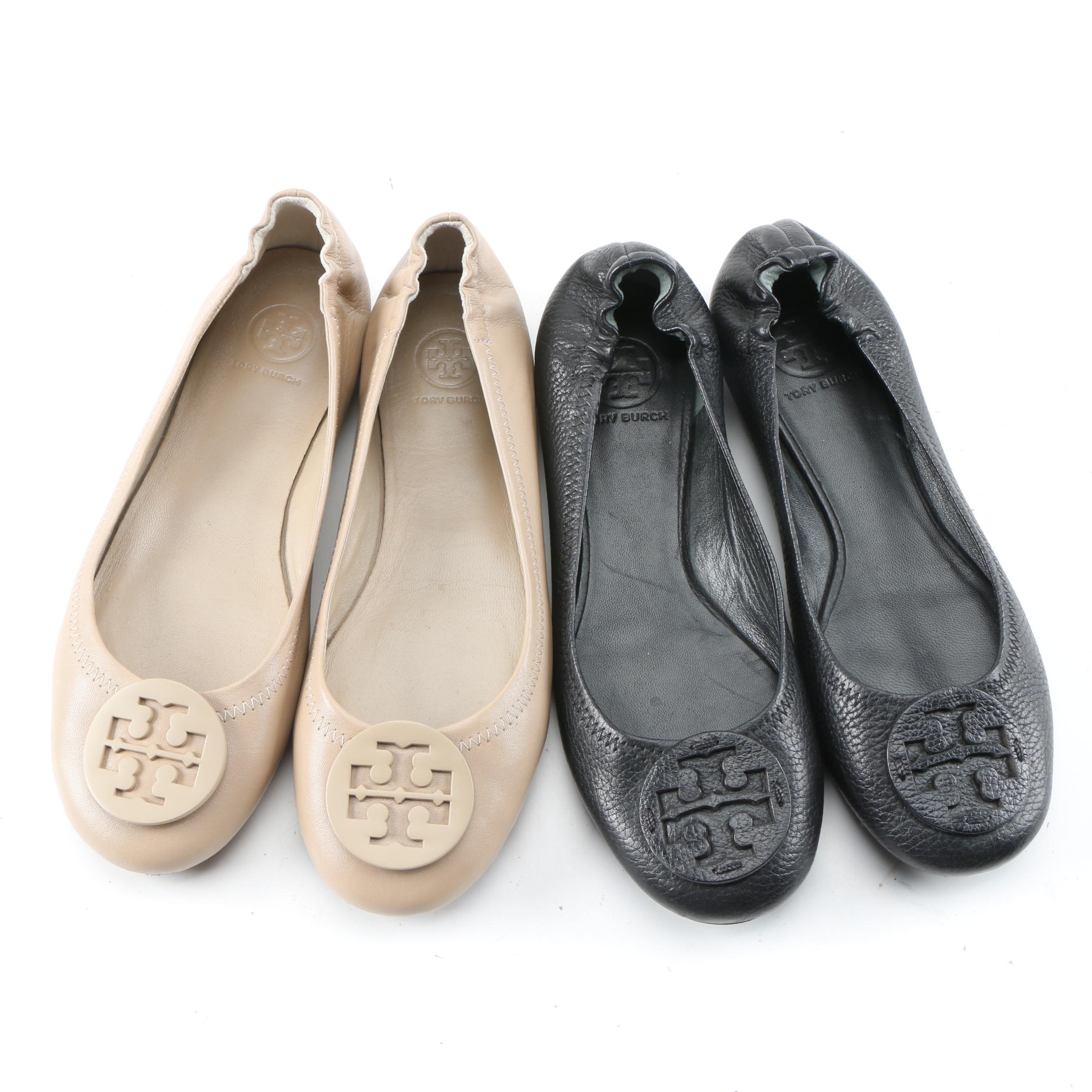Tory Burch Minnie Flats in Black and Beige Leather