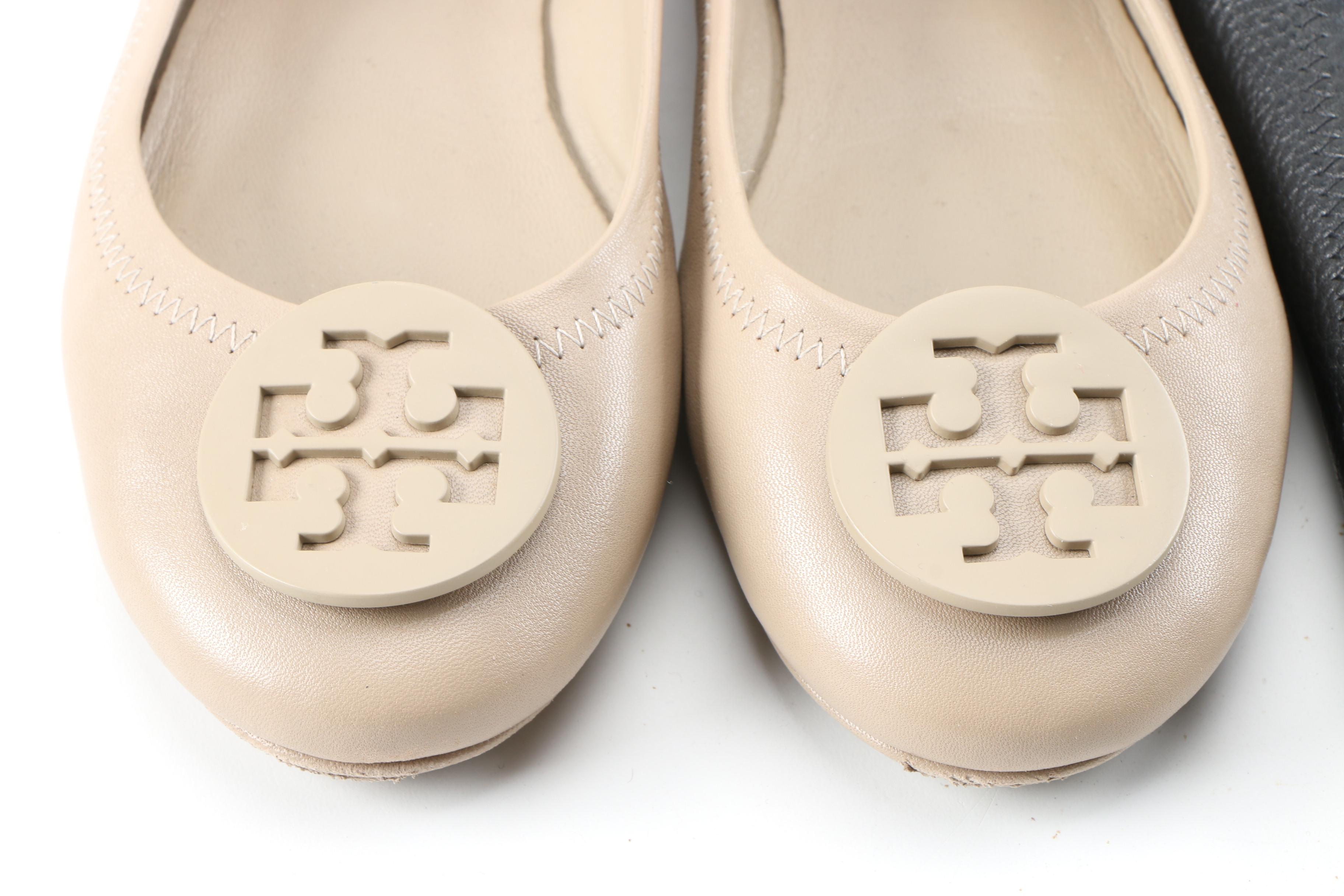 Tory Burch Minnie Flats in Black and Beige Leather