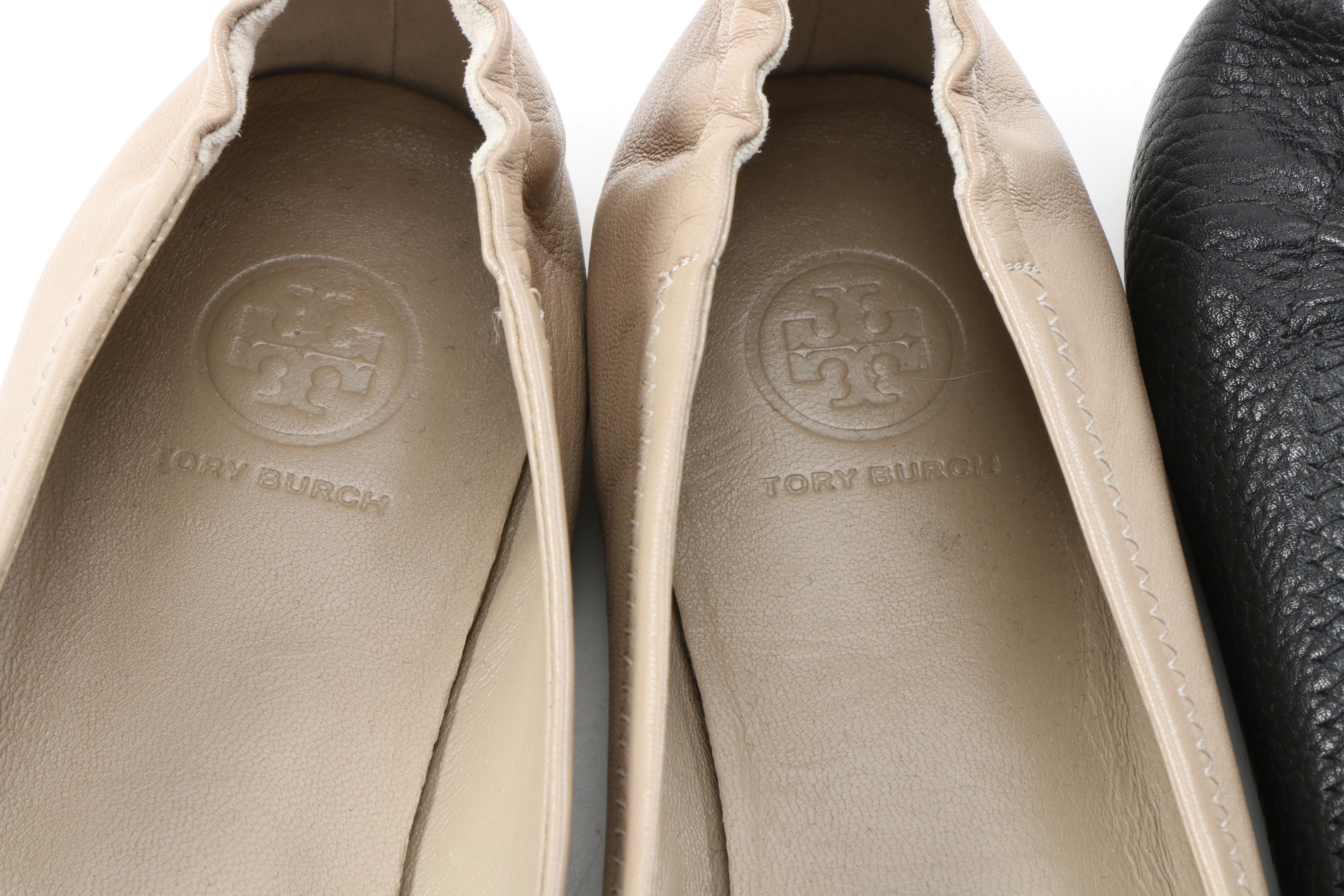 Tory Burch Minnie Flats in Black and Beige Leather