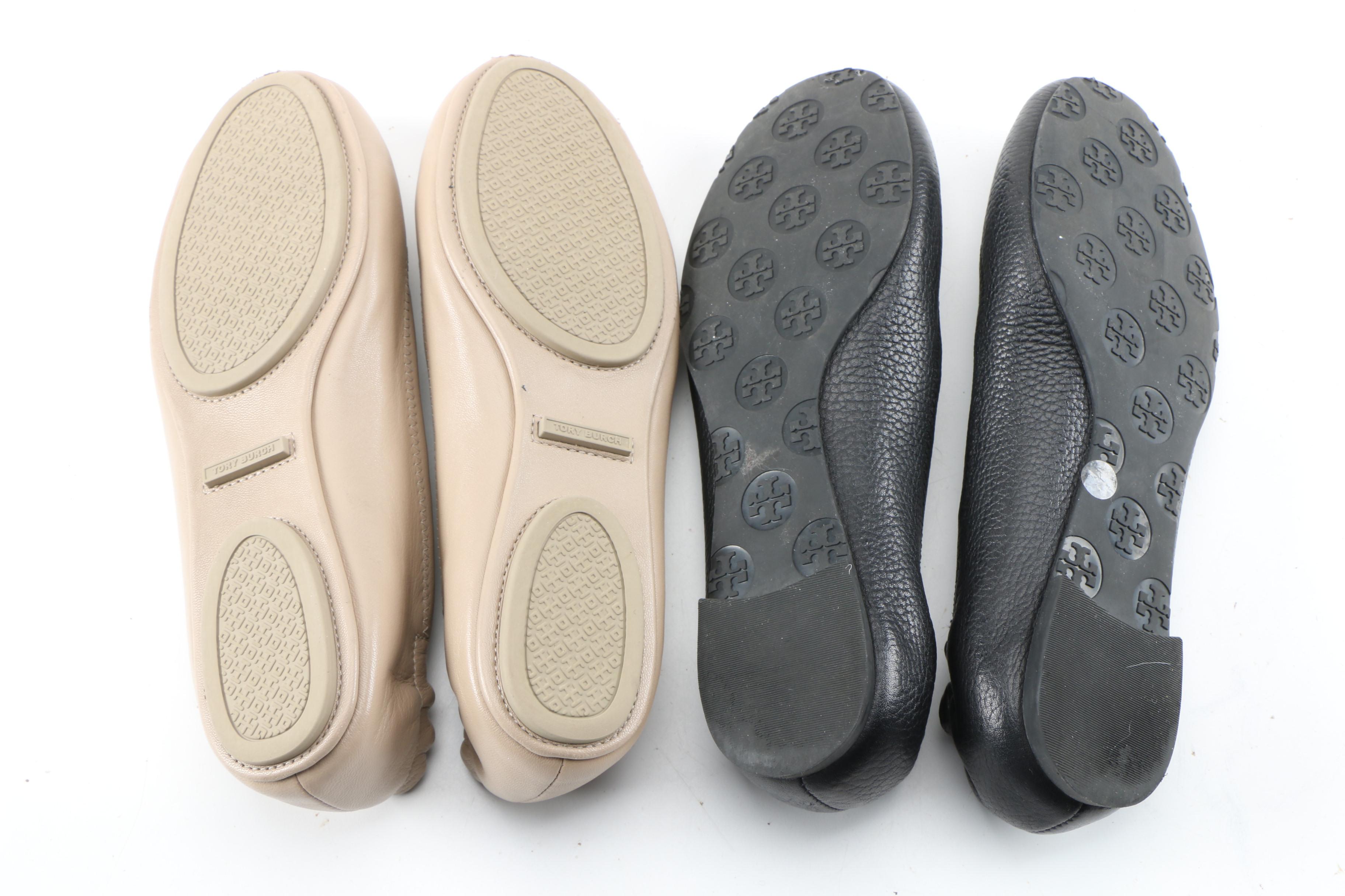 Tory Burch Minnie Flats in Black and Beige Leather