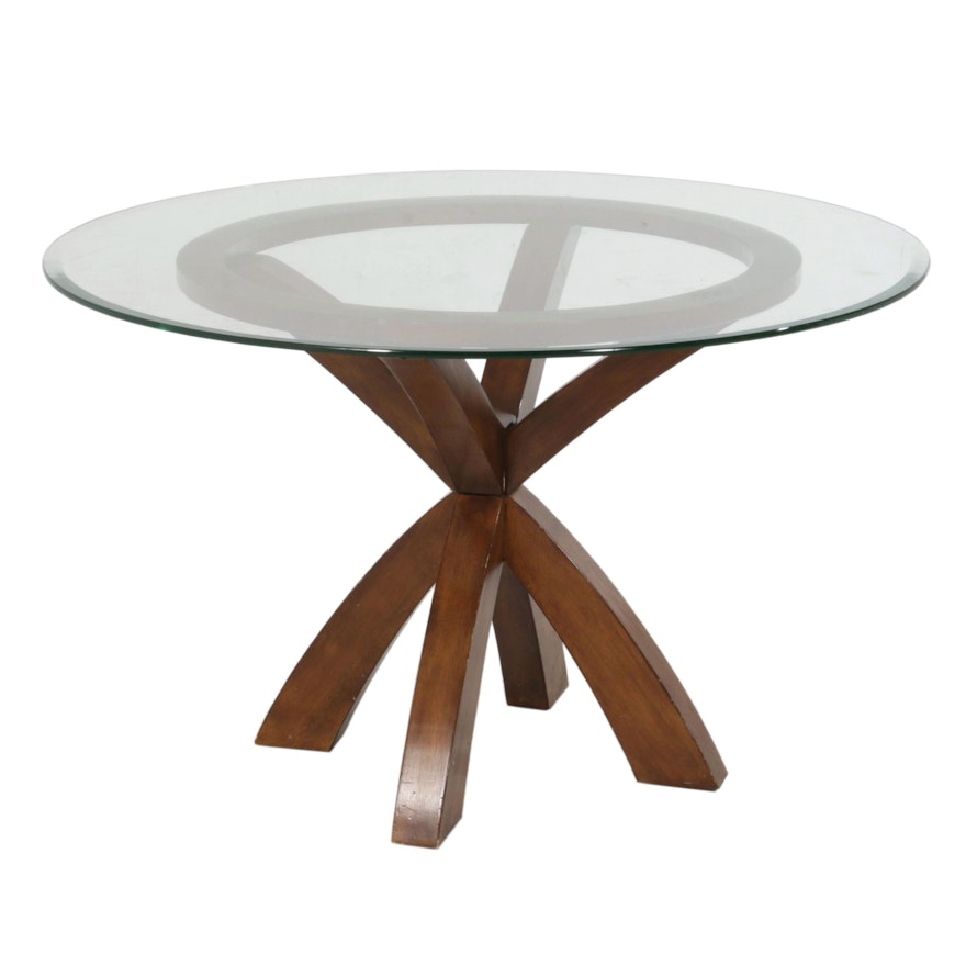 Contemporary Walnut-Stained Glass Top Dining Table