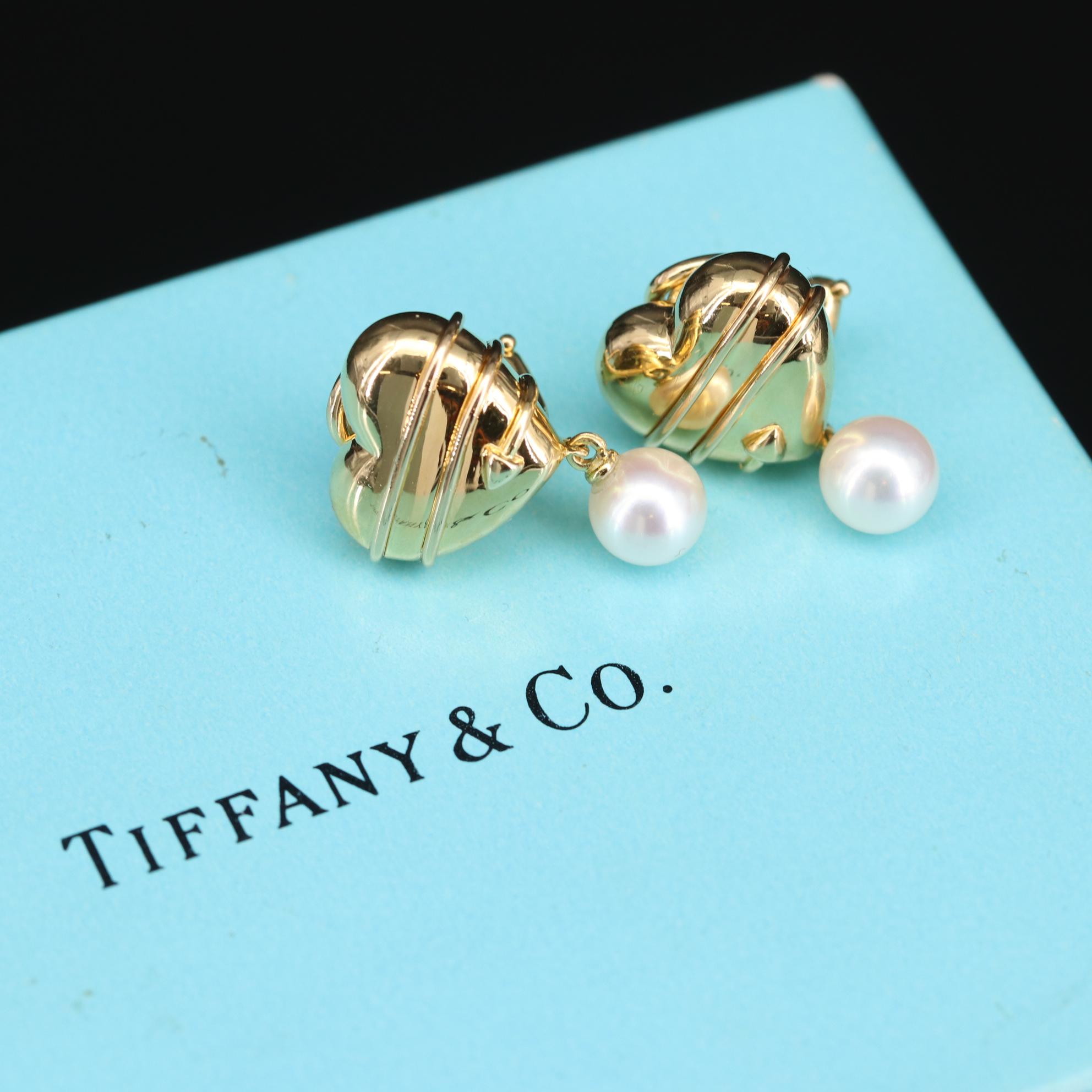 Tiffany & Co. "Cupid Arrow Heart" 18K Gold Pearl Clip-On Earrings