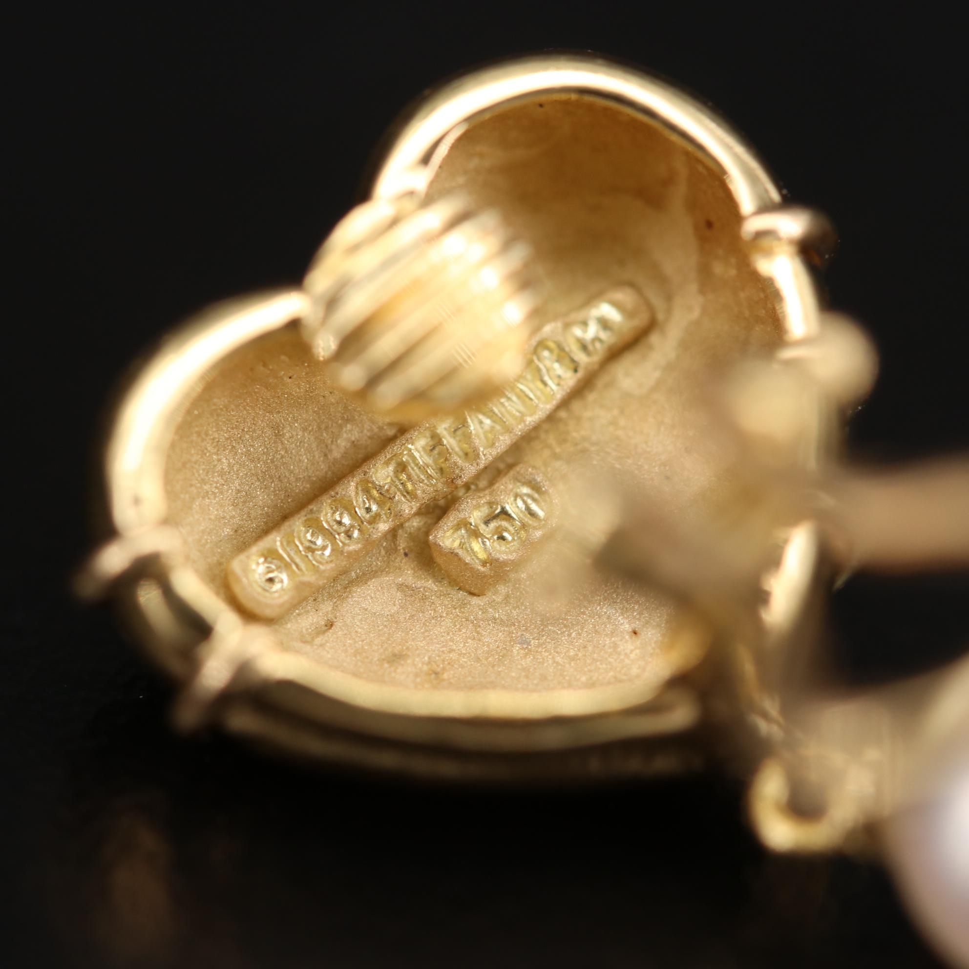 Tiffany & Co. "Cupid Arrow Heart" 18K Gold Pearl Clip-On Earrings
