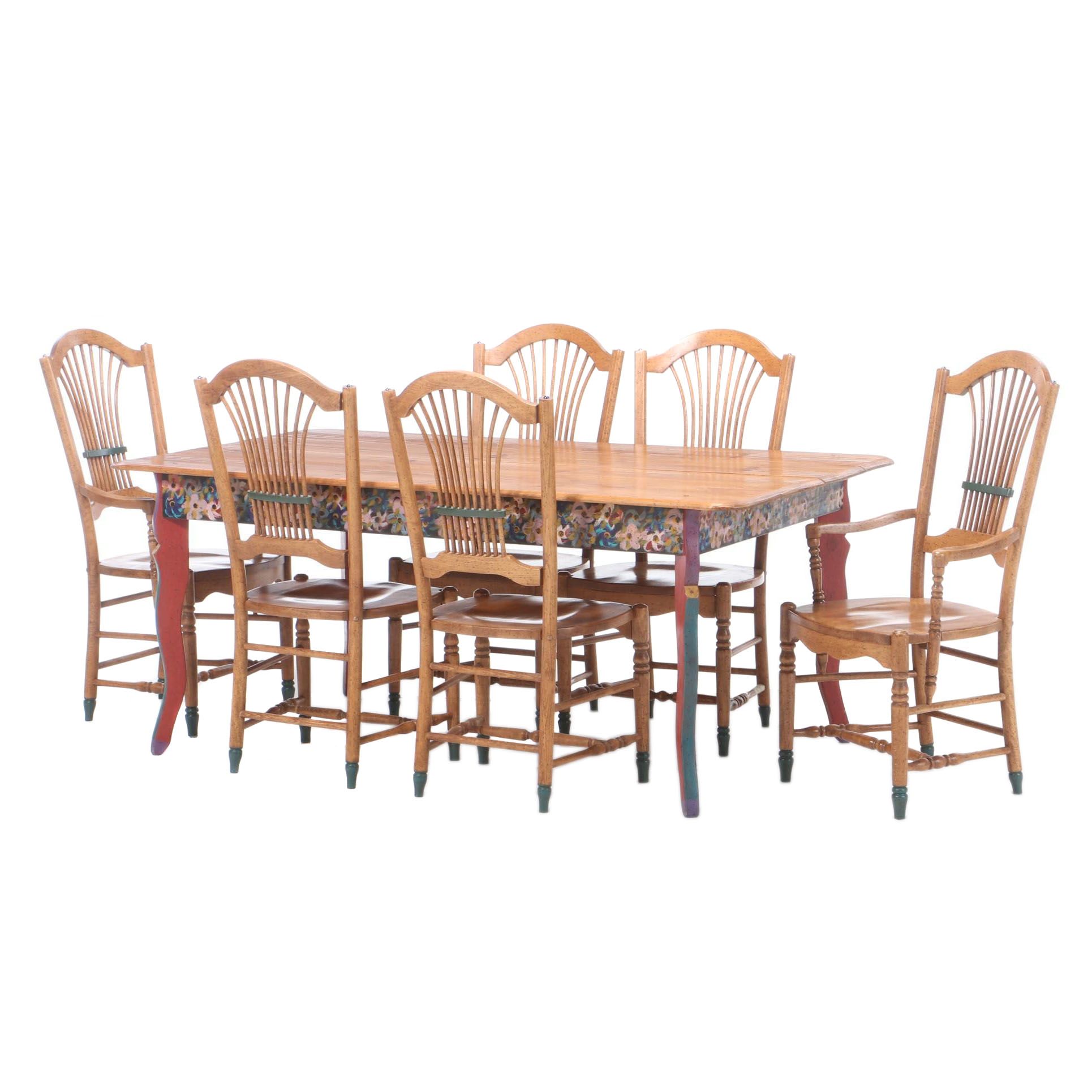 David Marsh Paint-Decorated Pine Table and Six Maple Chairs, Late 20th Century