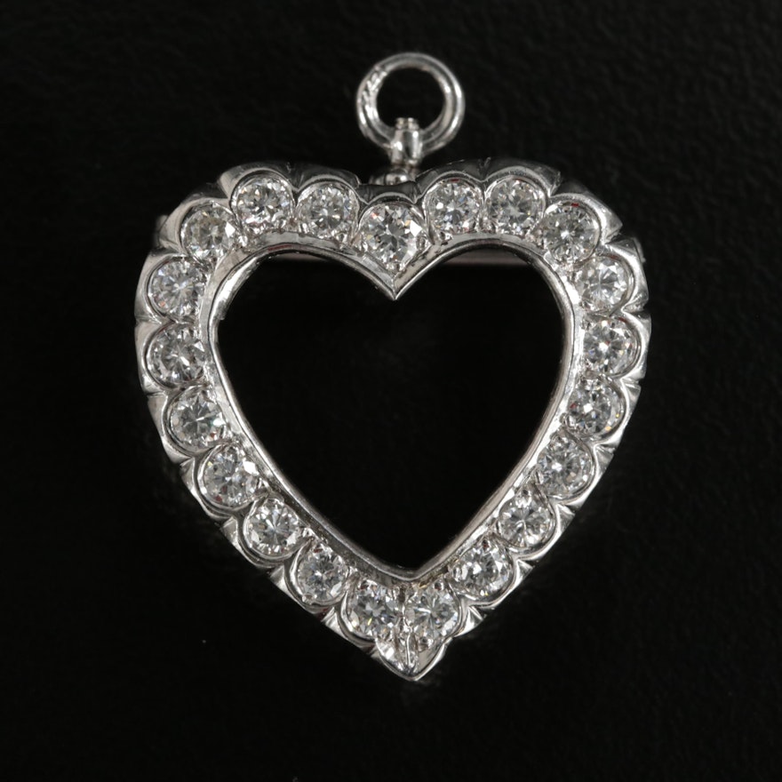 14K White Gold 1.05 CTW Diamond Heart Converter Brooch