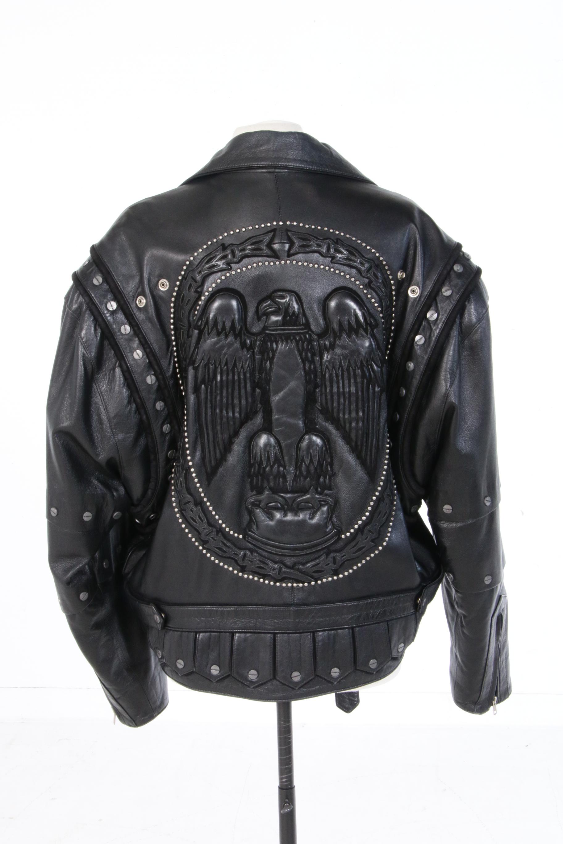 Volcano Black Leather Studded Motorcycle Jacket with Eagle on Back