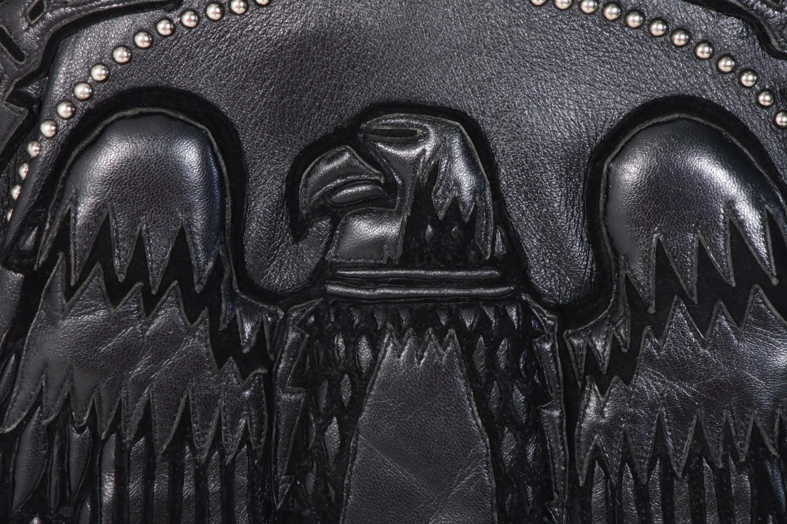 Volcano Black Leather Studded Motorcycle Jacket with Eagle on Back