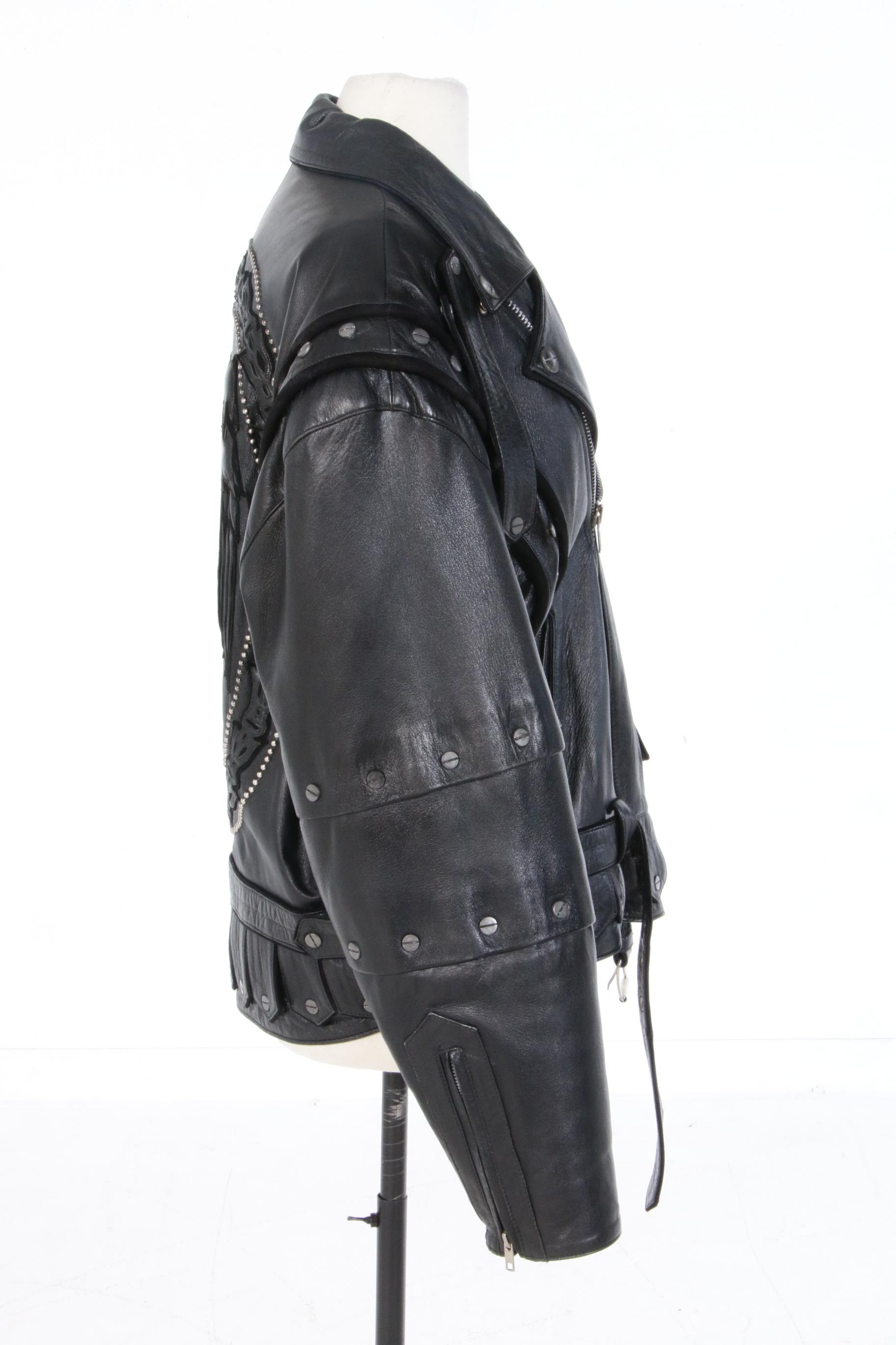 Volcano Black Leather Studded Motorcycle Jacket with Eagle on Back