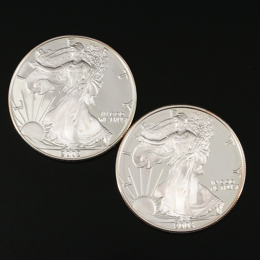 Two $1 U.S. Silver Eagle Proof Coins Including 2002-W and 2003-W