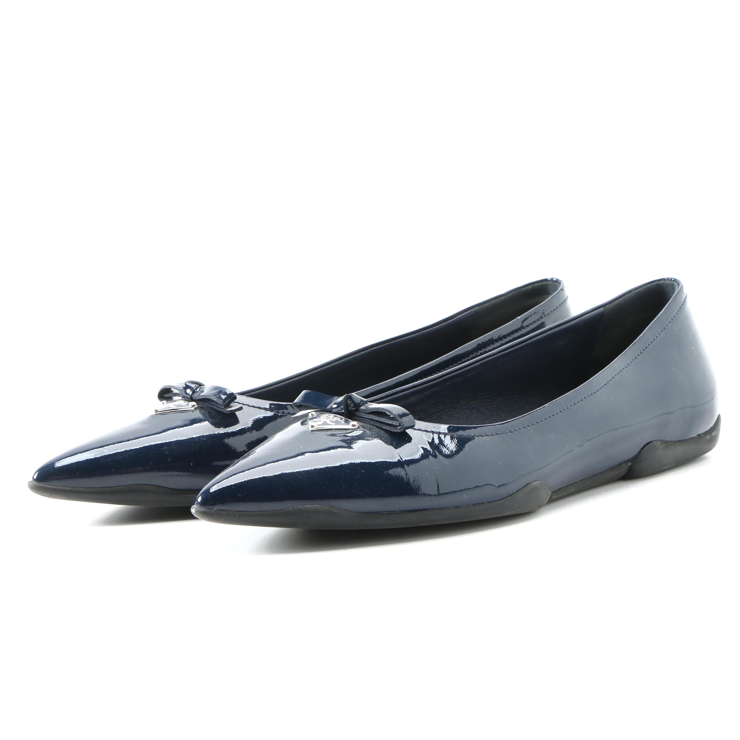 Prada Navy Blue Patent Leather Pointed Toe Flats
