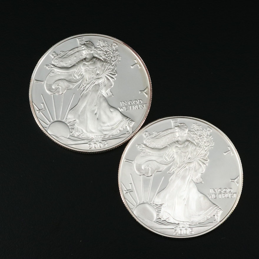 Two $1 U.S. Silver Eagle Proof Coins Including 2004-W and 2005-W