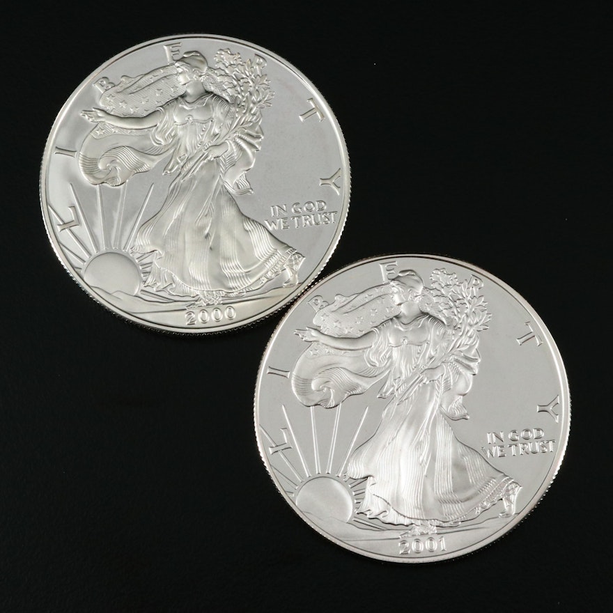 Two $1 U.S. Silver Eagle Proof Coins Including 2000-P and 2001-W