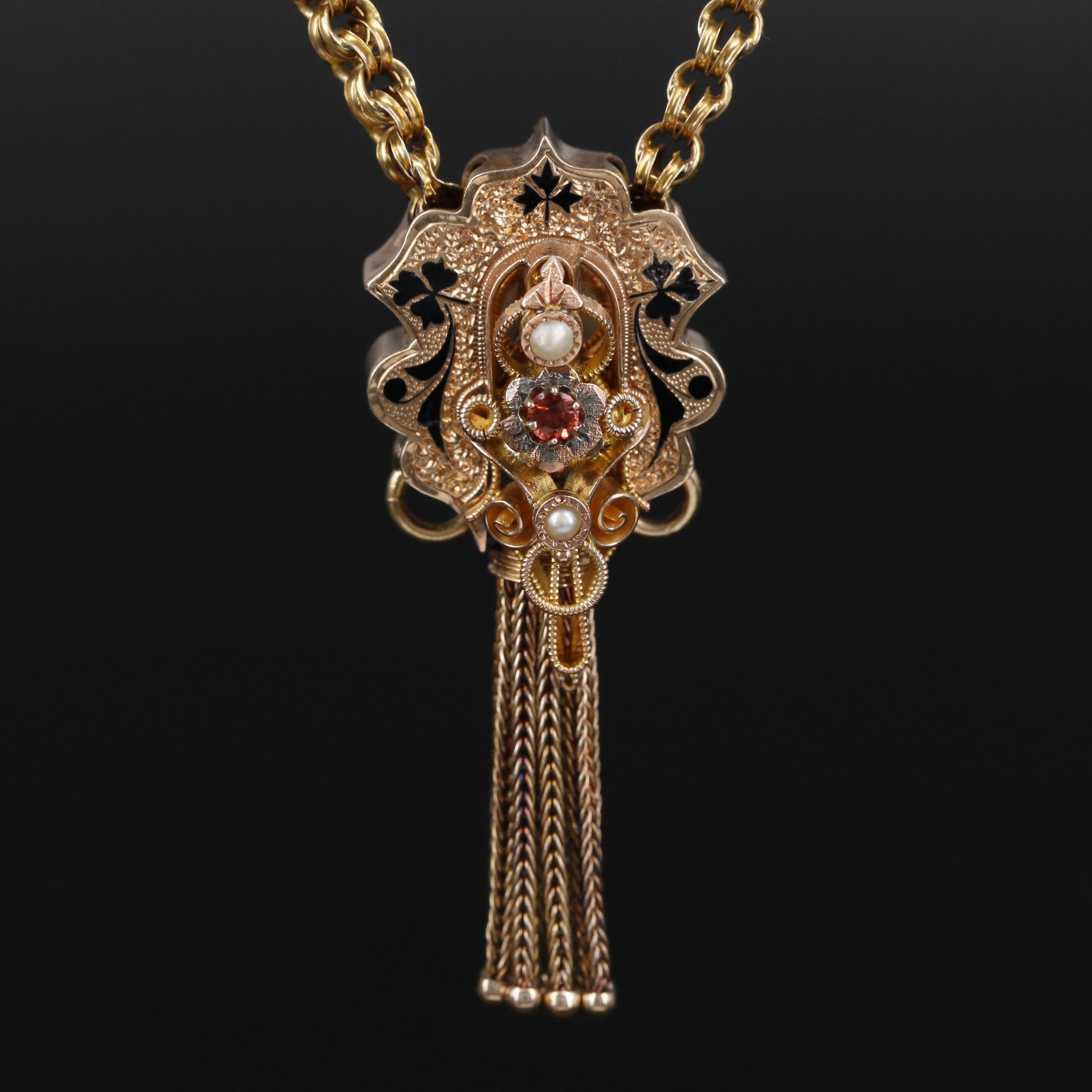 Mid-Victorian Gold Taille d'Epargné Garnet and Pearl Slide Pendant Necklace