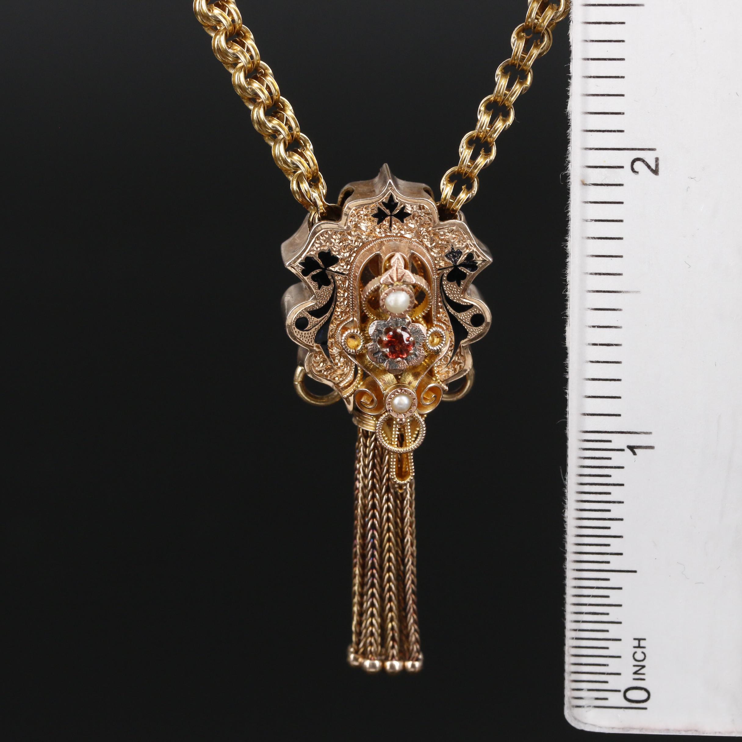 Mid-Victorian Gold Taille d'Epargné Garnet and Pearl Slide Pendant Necklace