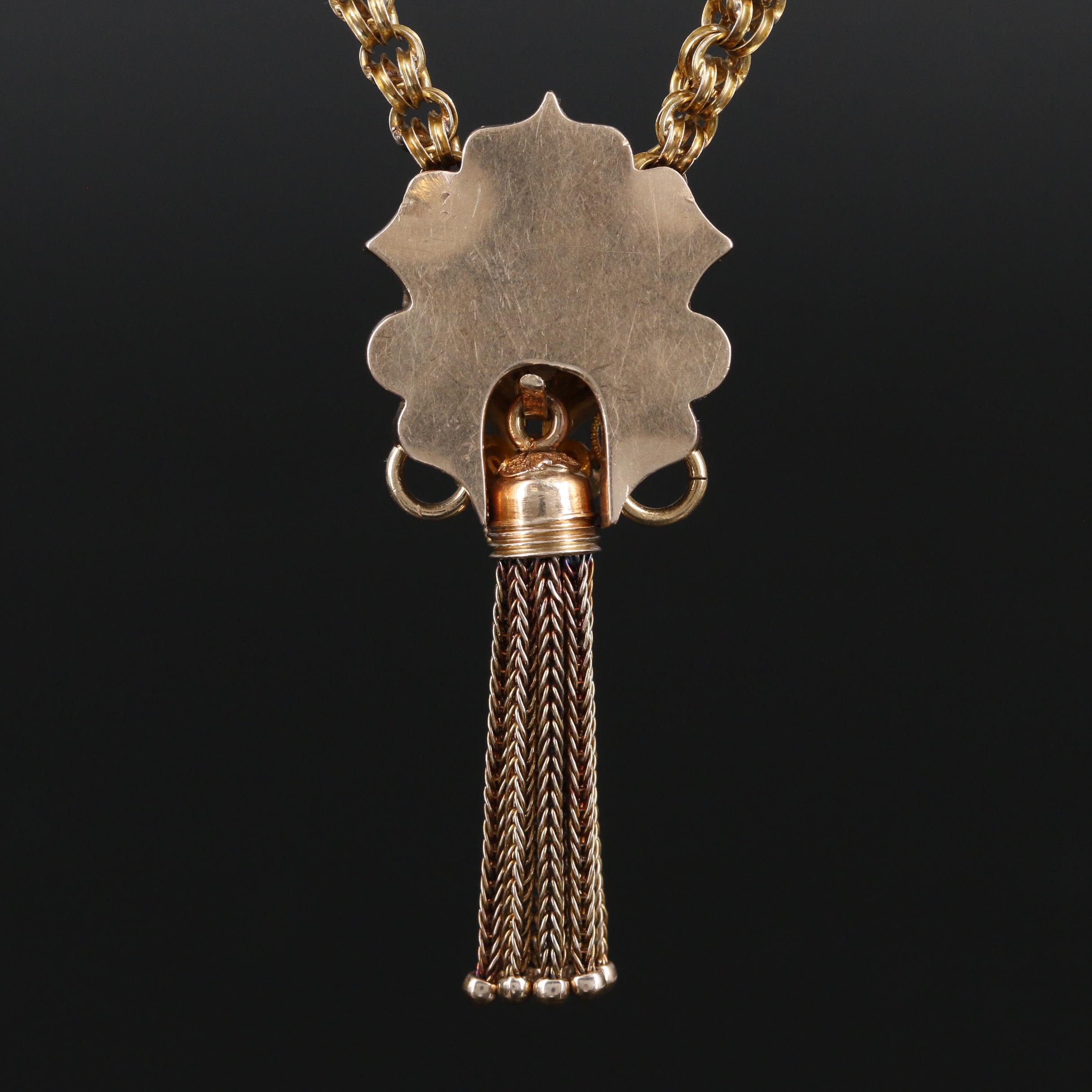 Mid-Victorian Gold Taille d'Epargné Garnet and Pearl Slide Pendant Necklace