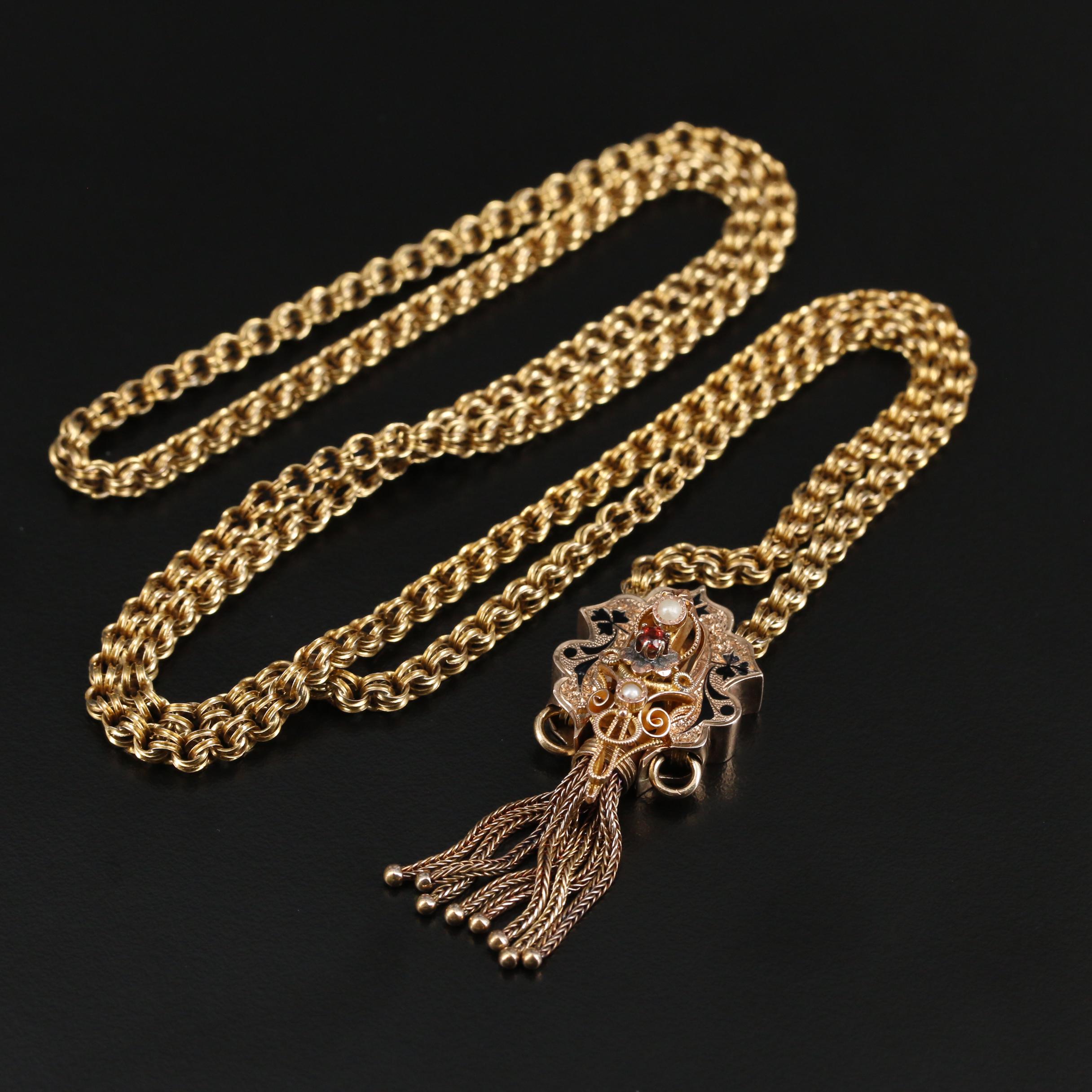 Mid-Victorian Gold Taille d'Epargné Garnet and Pearl Slide Pendant Necklace