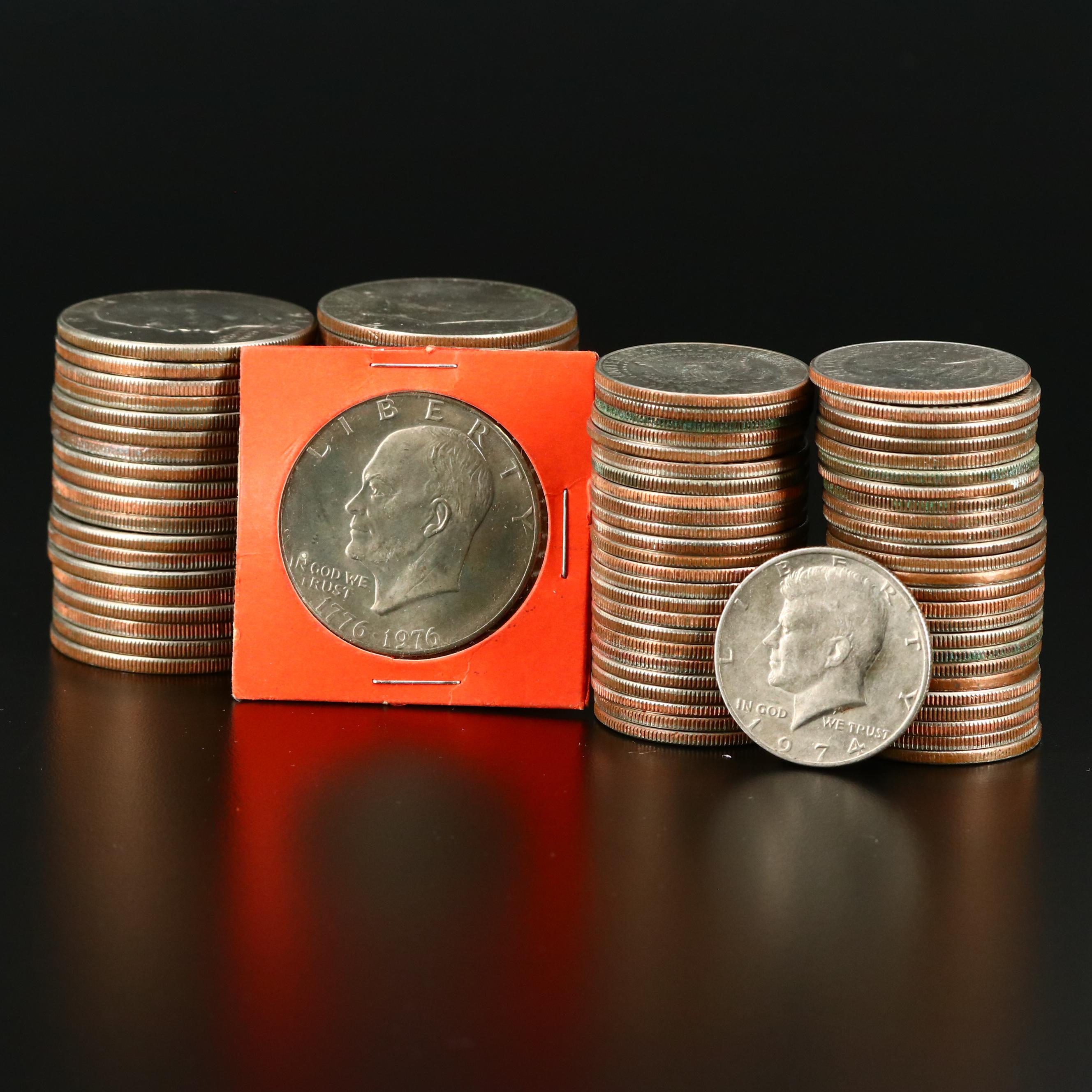 Large Assortment of Kennedy Clad Half Dollars and Eisenhower Clad Dollars