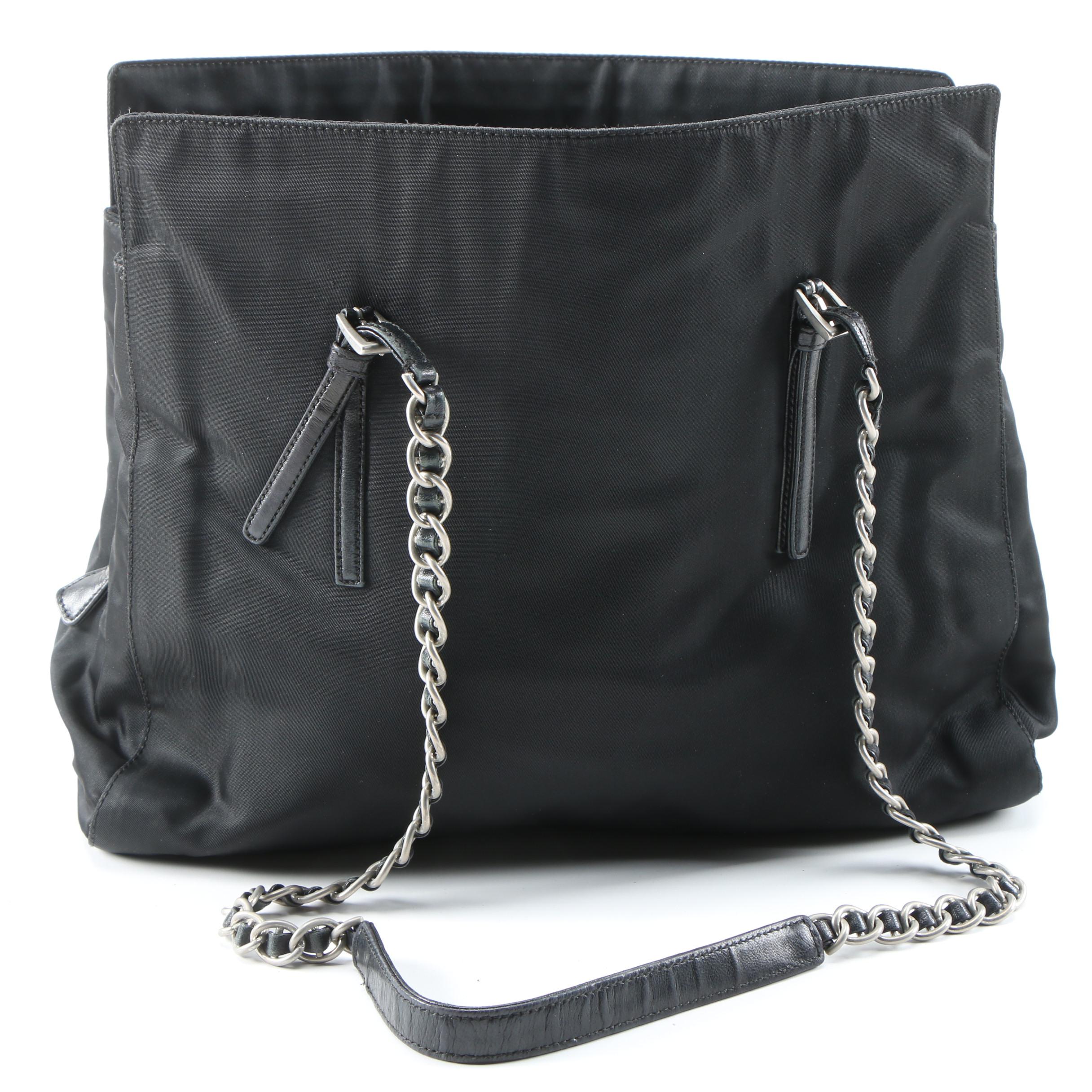 Prada Tessuto Nylon Shoulder Bag in Black with Leather and Chain Strap