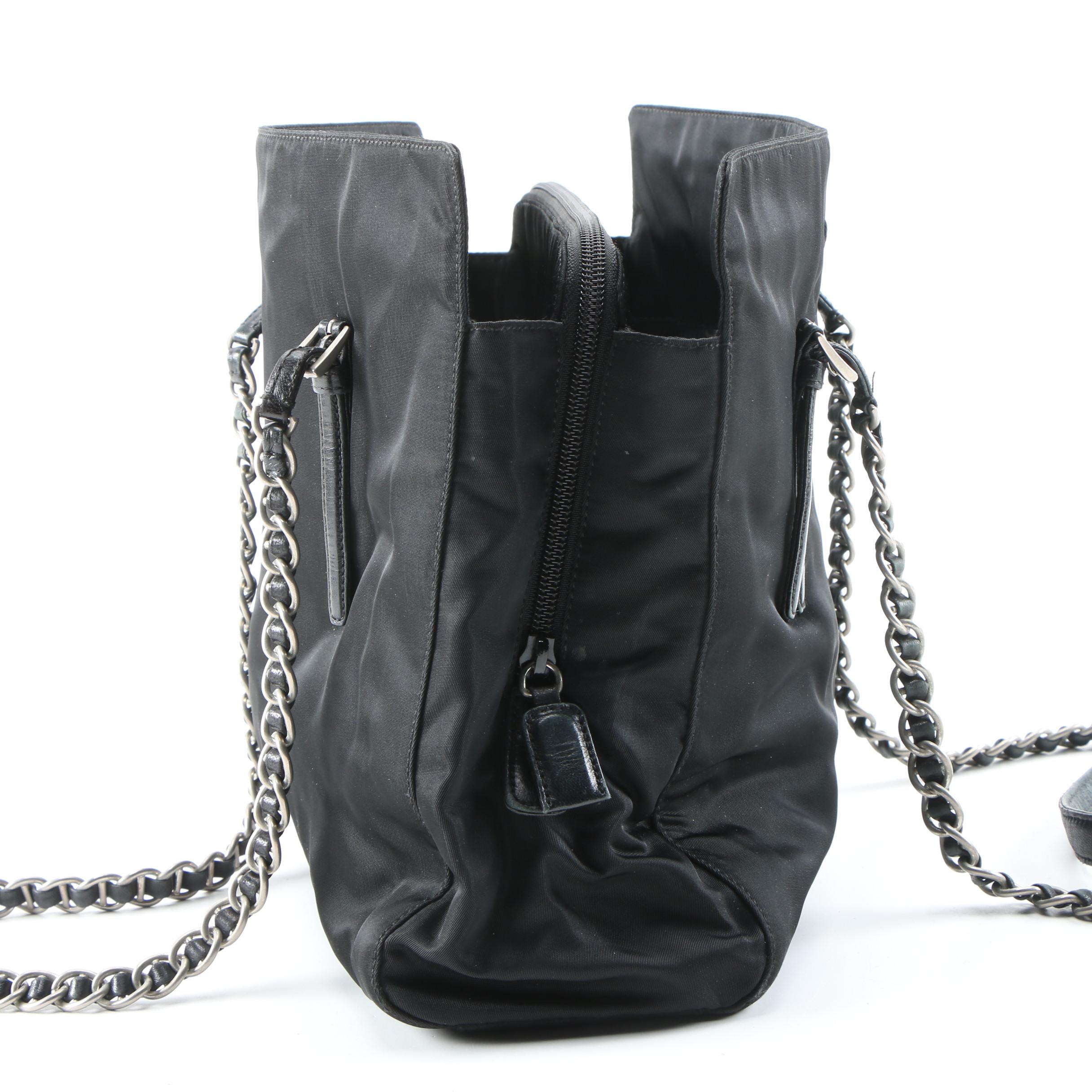 Prada Tessuto Nylon Shoulder Bag in Black with Leather and Chain Strap
