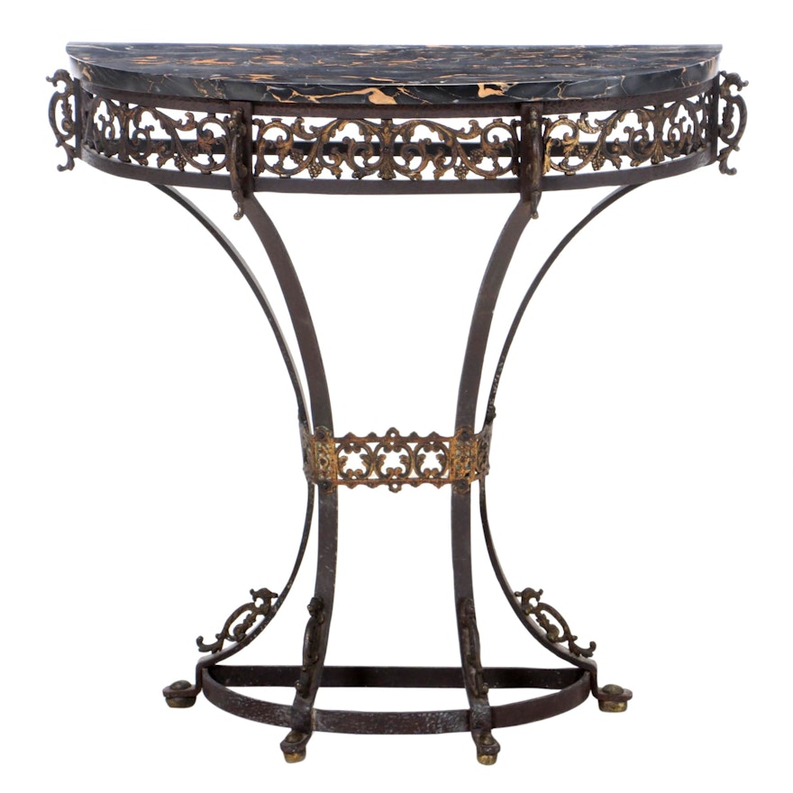 Renaissance Revival Wrought Iron, Brass and Marble Console Table, 1920s