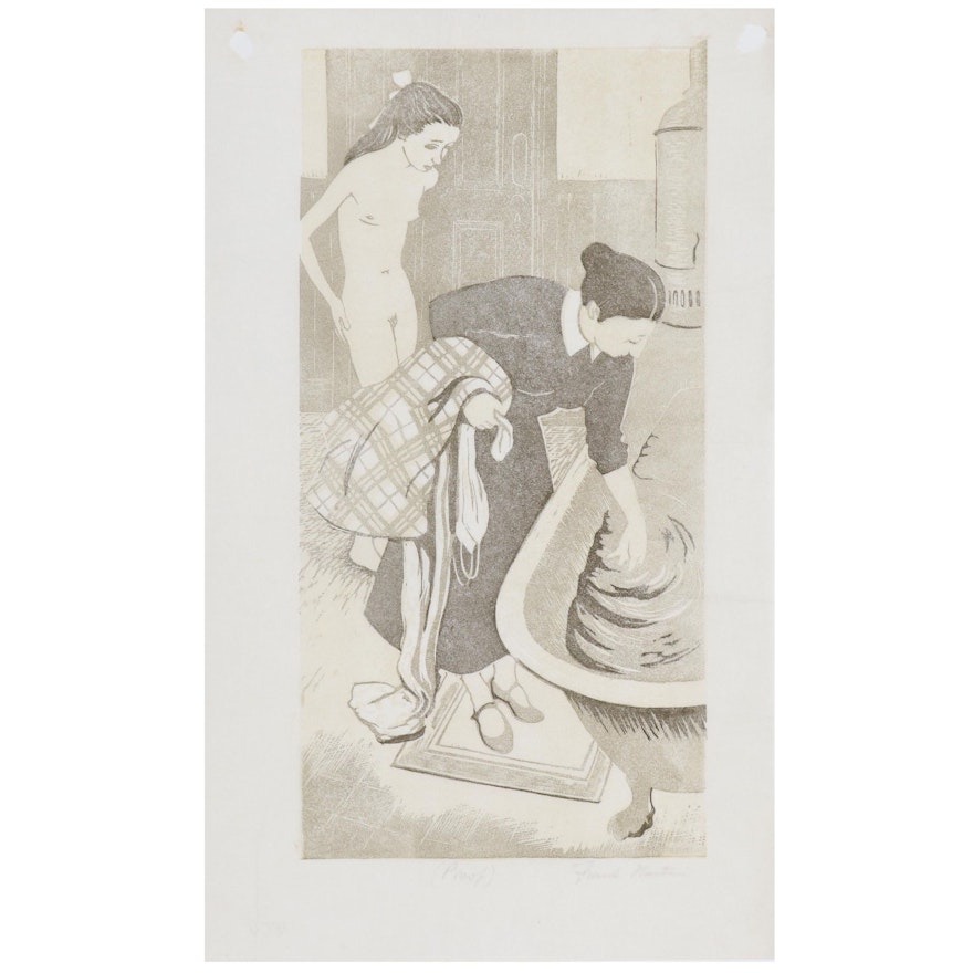 Frank Martin Woodcut of Female Figures at Bath