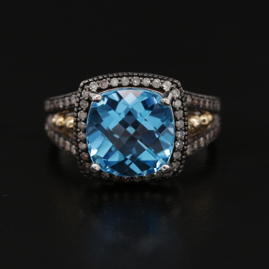 Sterling Silver and 10K Yellow Gold Blue Topaz and Diamond Ring