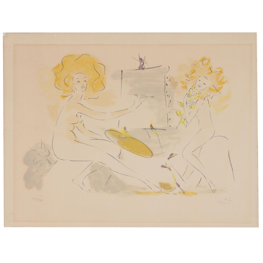 Marcel Vertes Color Lithograph of Artist with Model