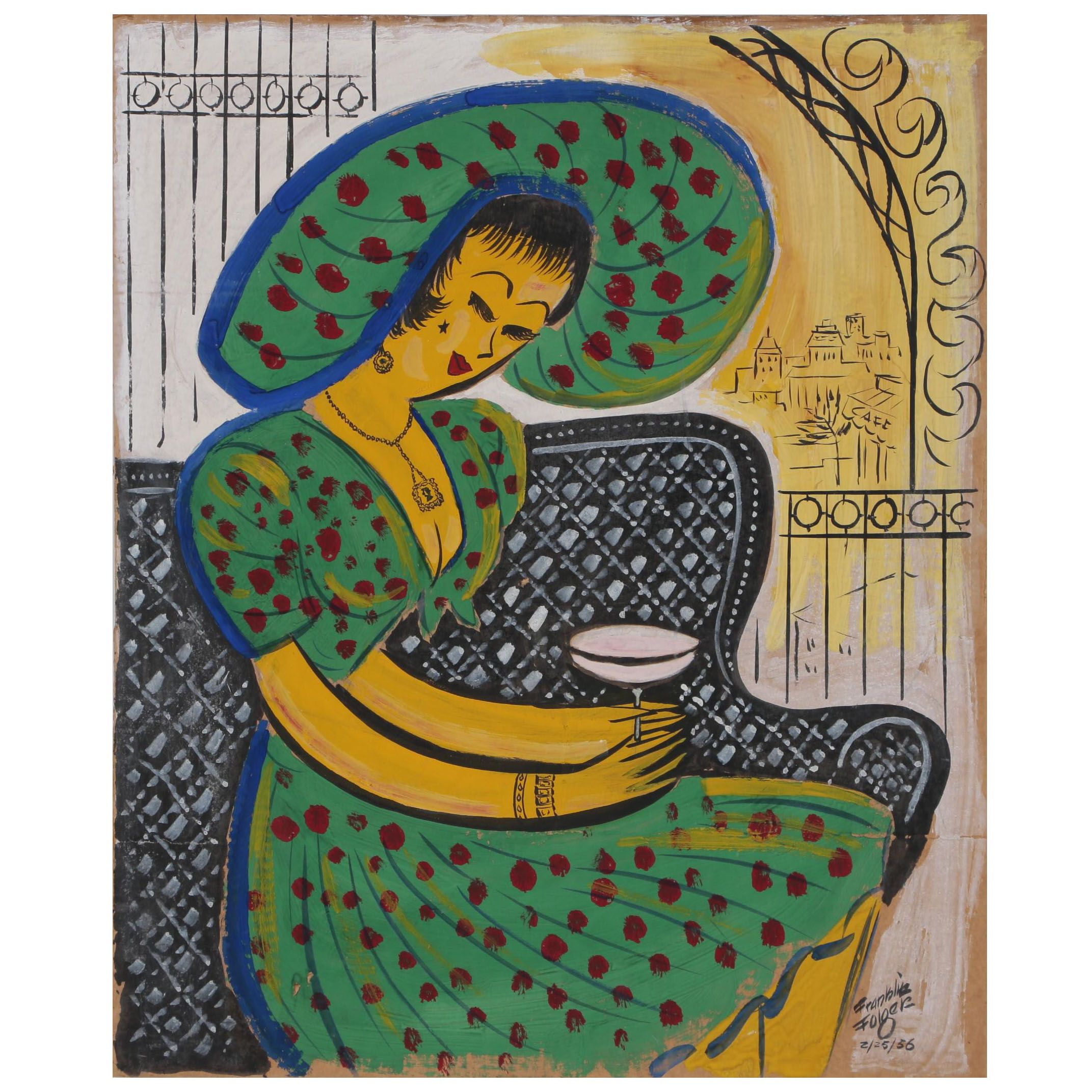 Franklin Folger Gouache Painting of Stylish Woman, 1956