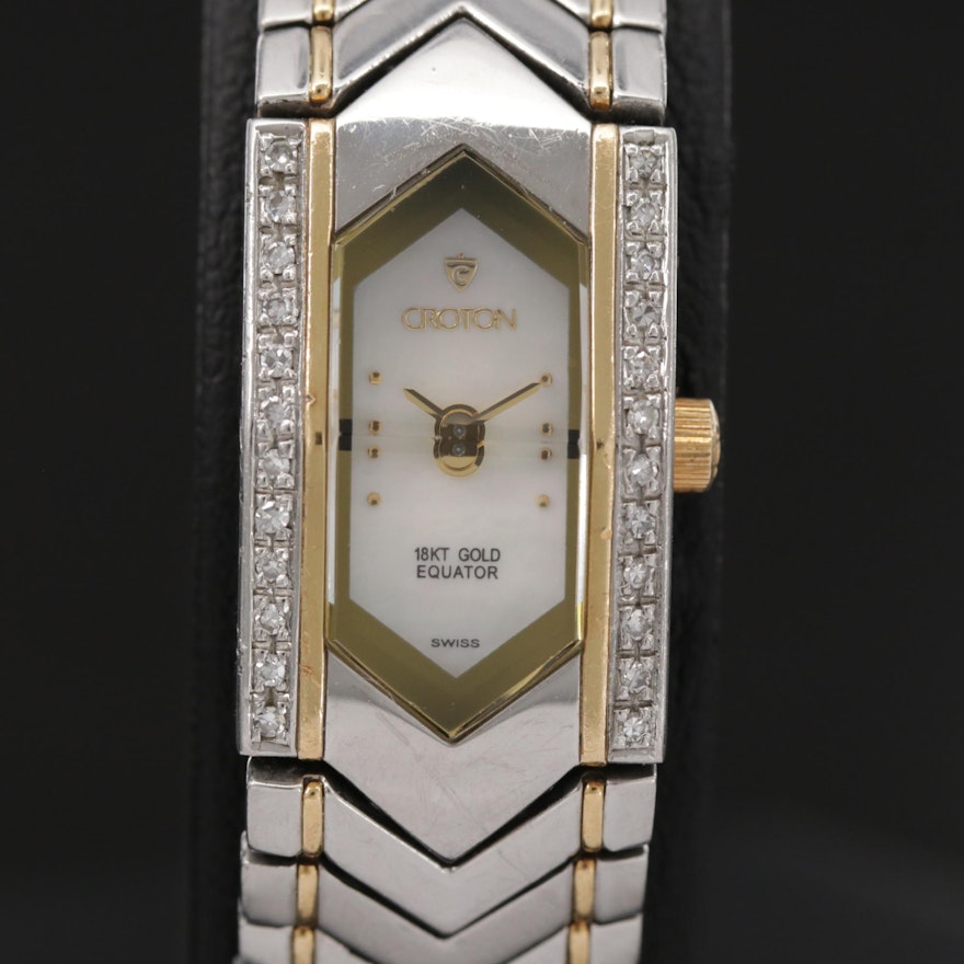Croton Equator 18k Gold and Stainless Steel With Diamond Bezel Quartz Wristwatch