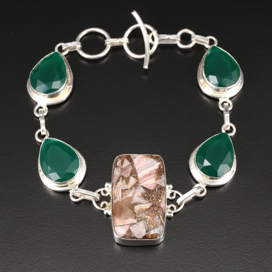 Sterling Silver Rhodochrosite and Green Chalcedony Bracelet