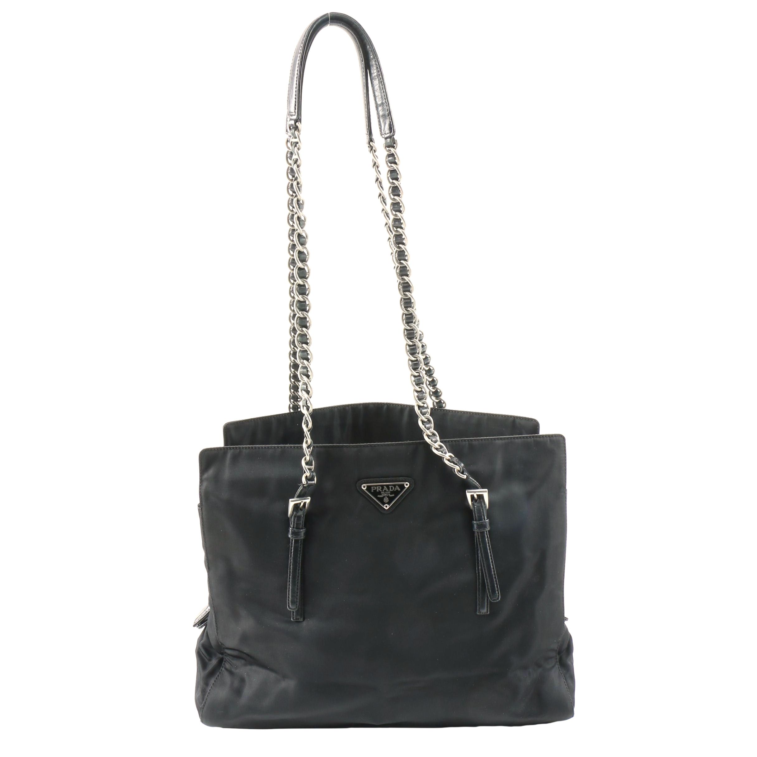 Prada Tessuto Nylon Shoulder Bag in Black with Leather and Chain Strap
