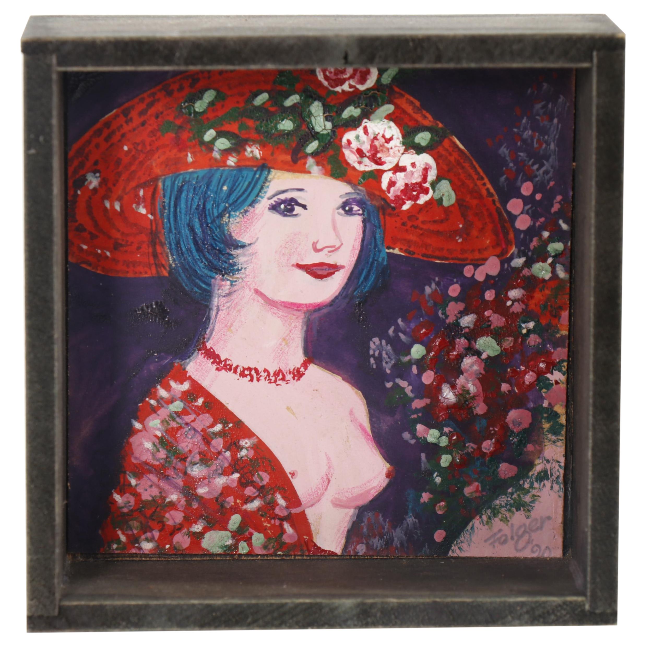 Franklin Folger Mixed Media Painting of Female Figure with Hat