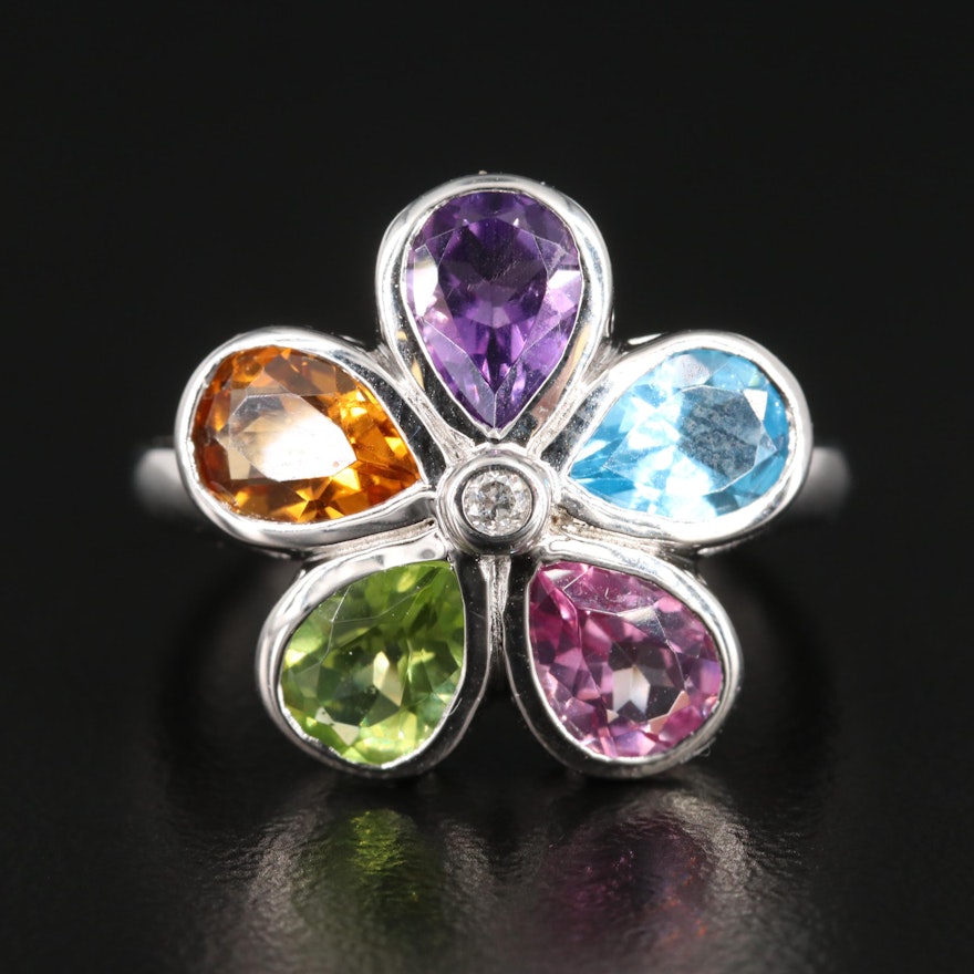 Sterling Silver Mixed Gemstone Flower Motif Ring with Diamond Accent