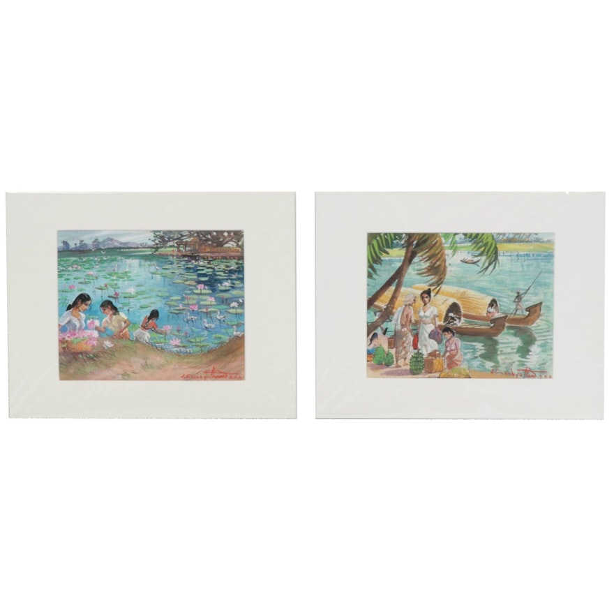 J. Gnanayutham River Scene Watercolor and Gouache Paintings